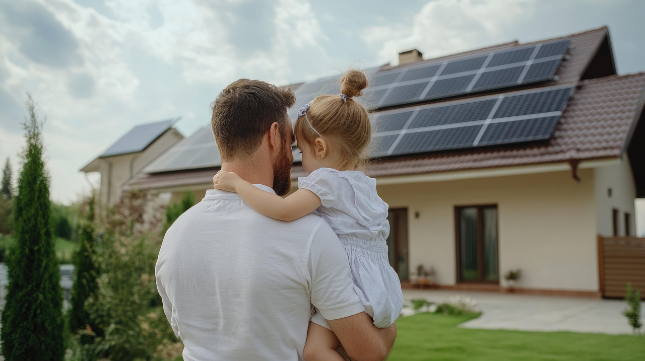 Family outside their property with rooftop solar panels after deciding solar panels were worth it for their home