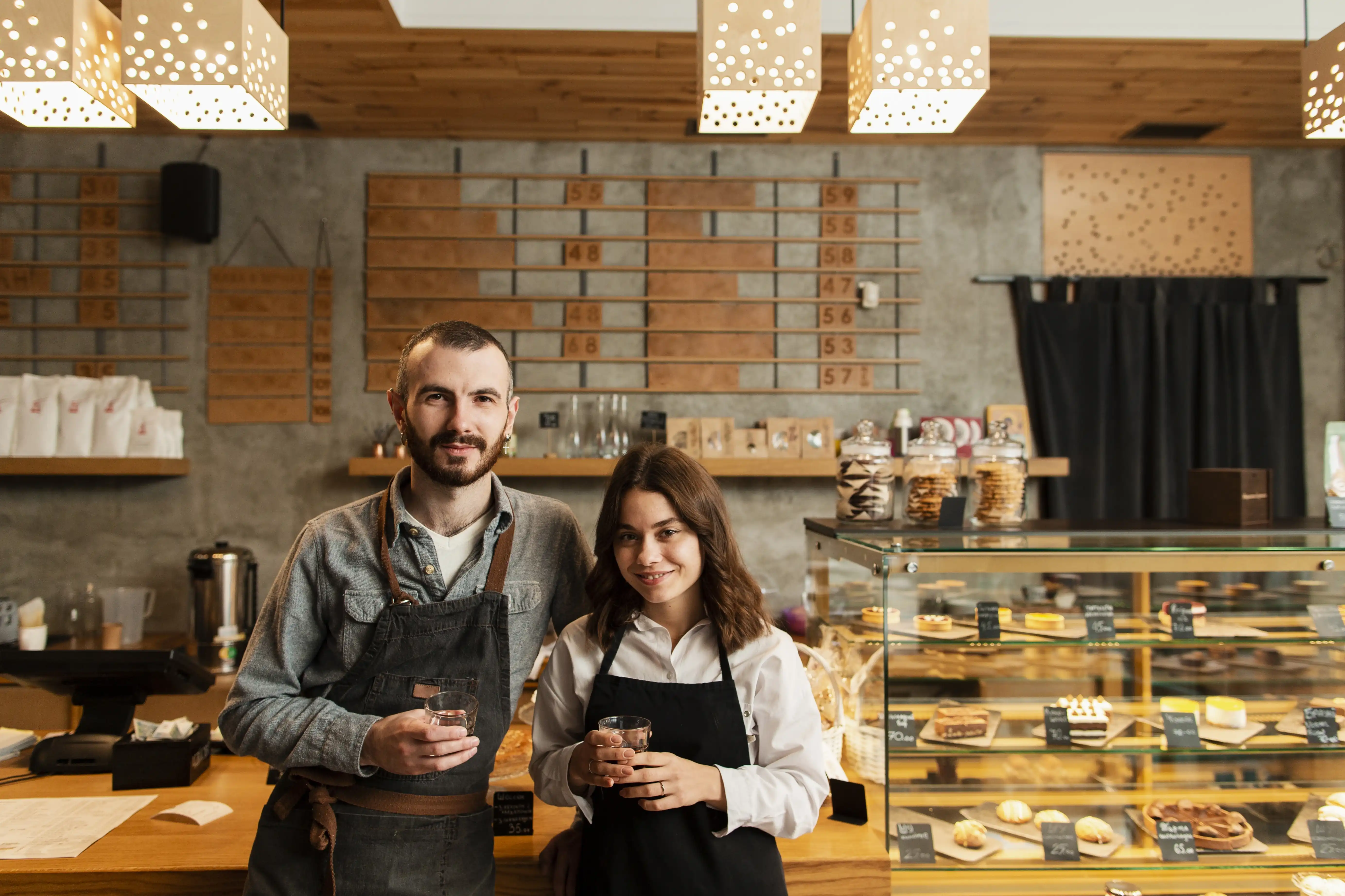 Two cafÃ© owners standing behind the counter, symbolizing UK small businesses partnering with Upvolt to use solar energy, lowering costs and emissions.