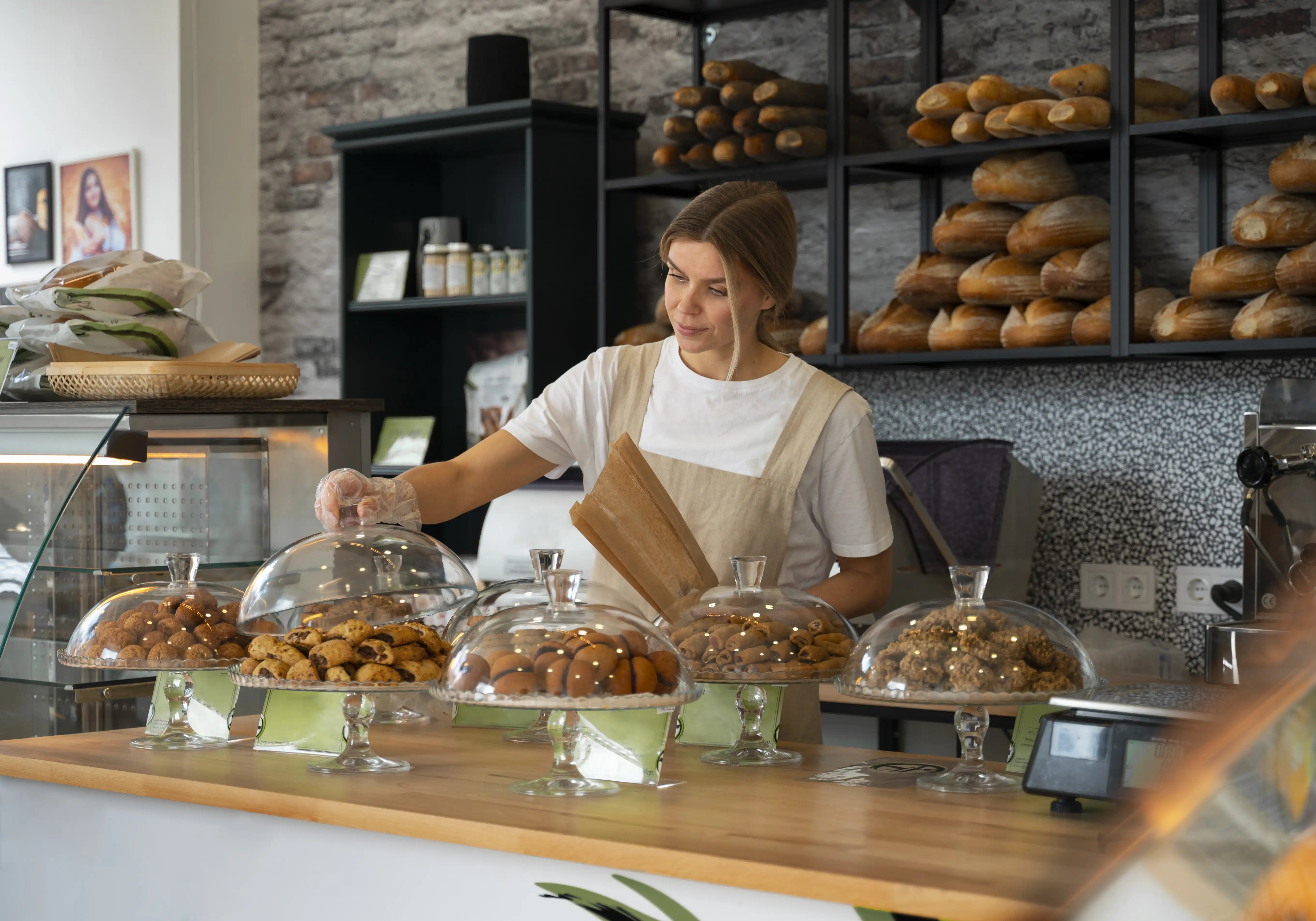 A bakery owner arranging pastries on the counter inside her shop, representing small UK businesses adopting solar energy to reduce costs.