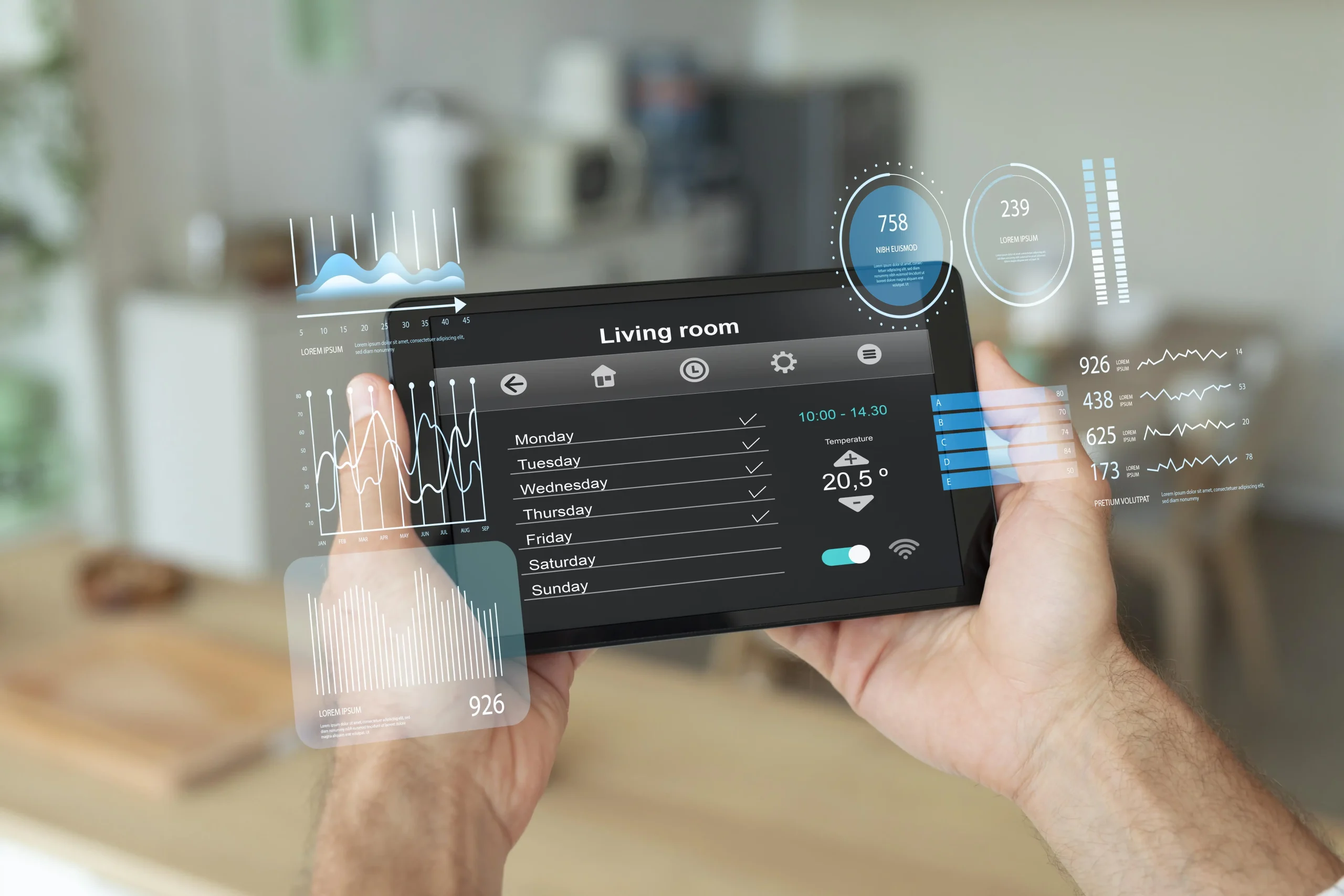 Person holding a tablet displaying a home energy management dashboard with usage graphs and control settings.