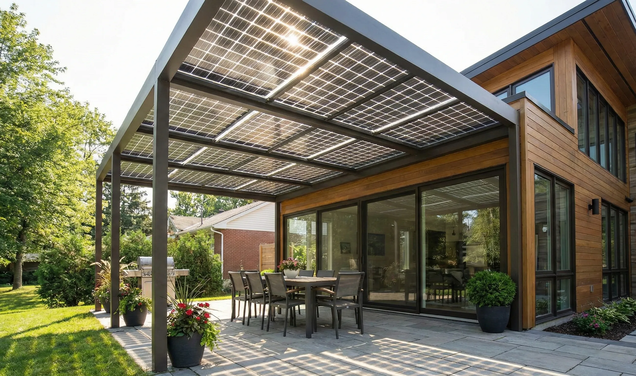 Concept image of a modern home with solar panels integrated into a pergola-style roof, illustrating how bifacial panels can capture light from above and below.