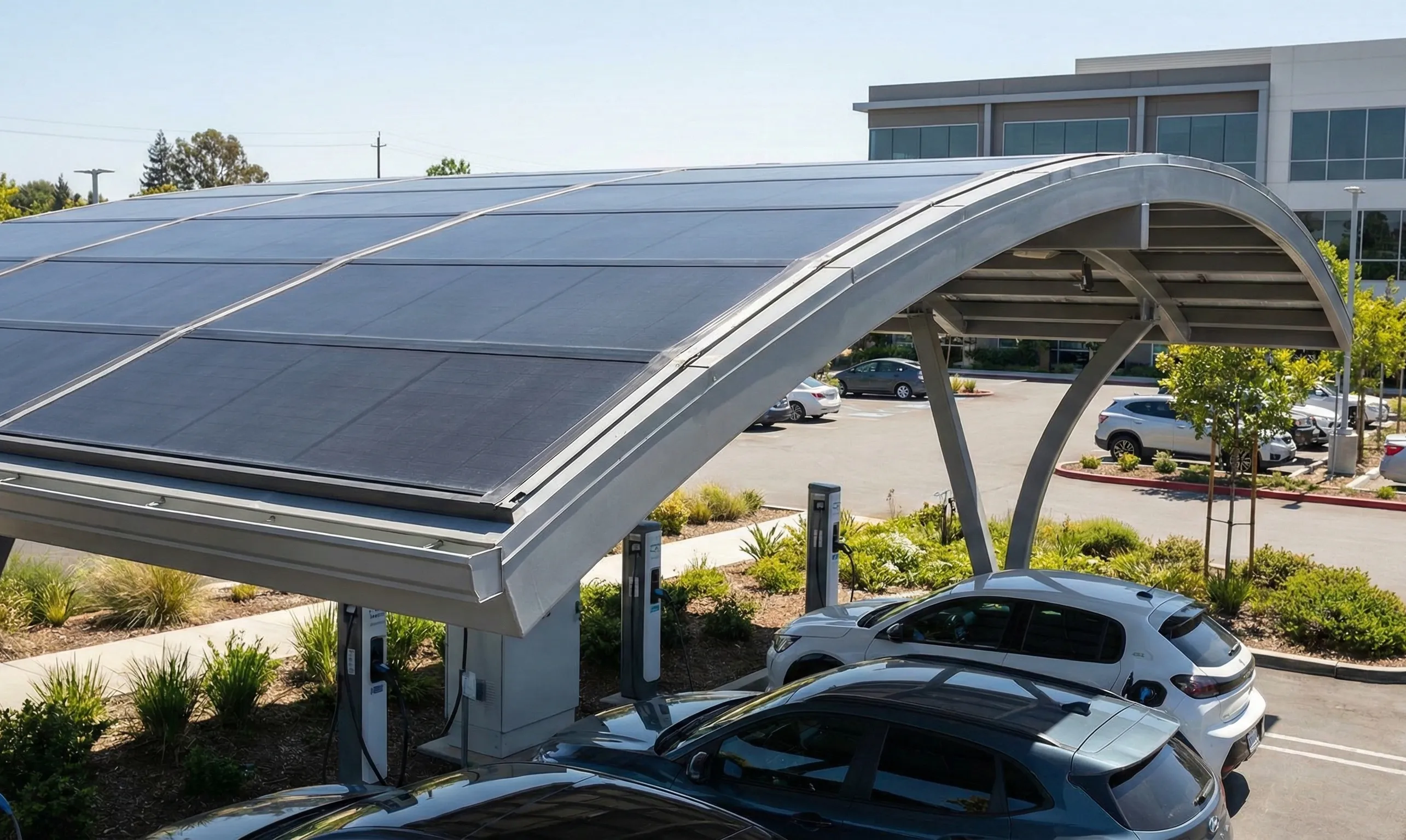Concept image of a solar canopy installed above parked cars, illustrating how flexible or thin-film panels can be used on curved or non-traditional surfaces.