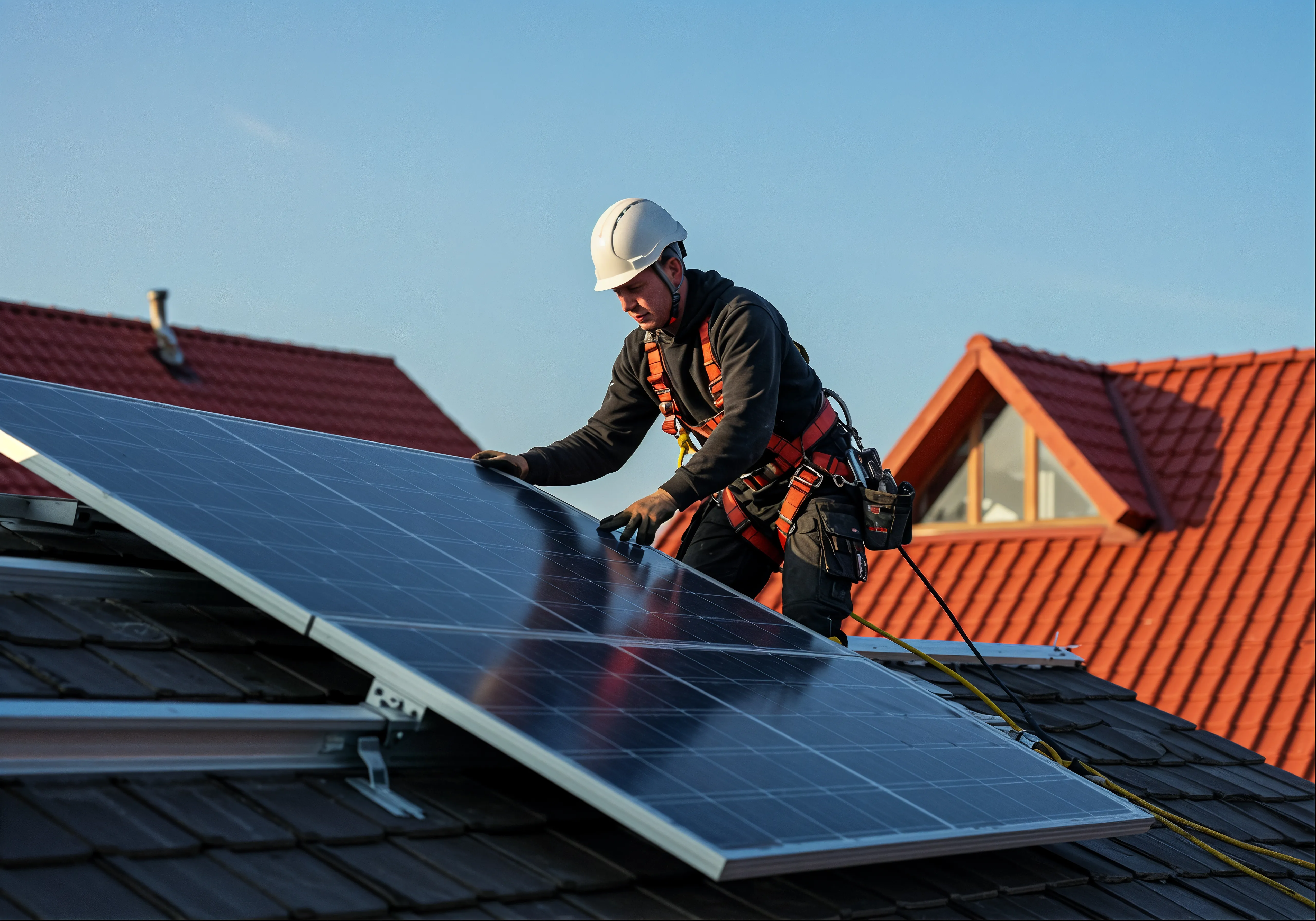Solar installer working on rooftop panels, showing how UK homes can adopt solar as part of a smart, energy-efficient setup.
