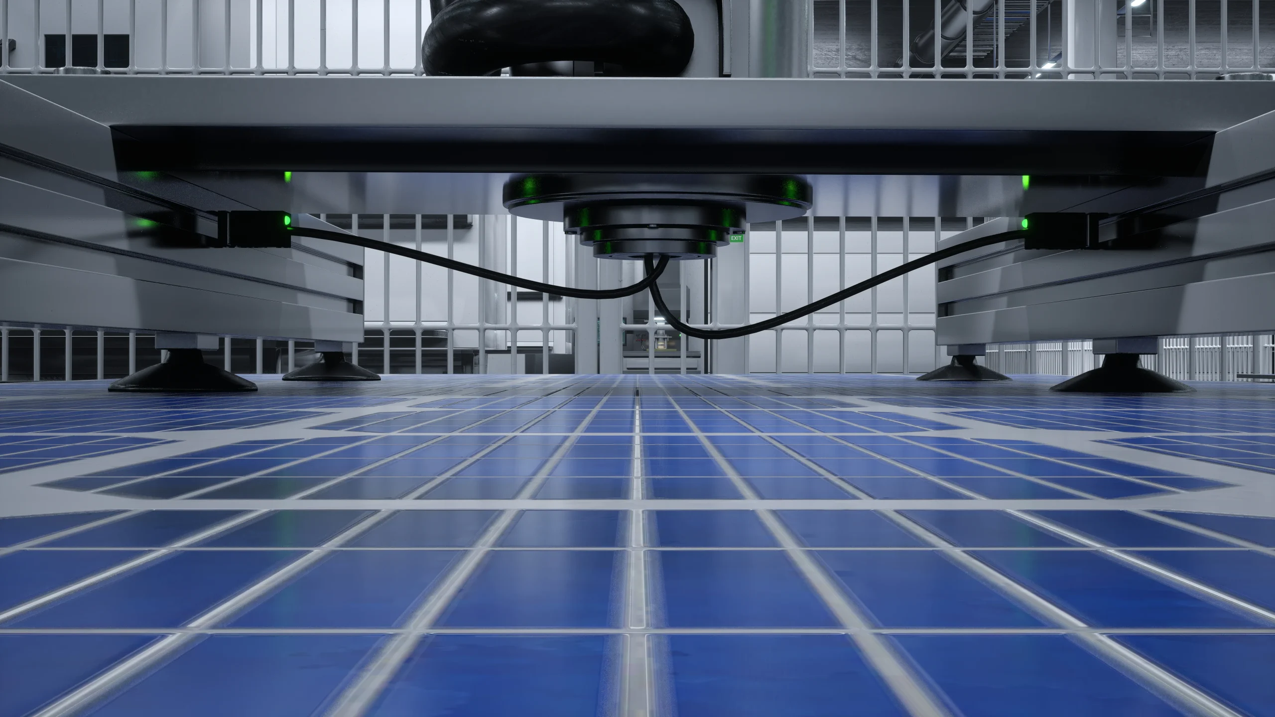 Close-up of a solar cell under laboratory testing equipment, representing research into next-generation solar technologies like perovskites.