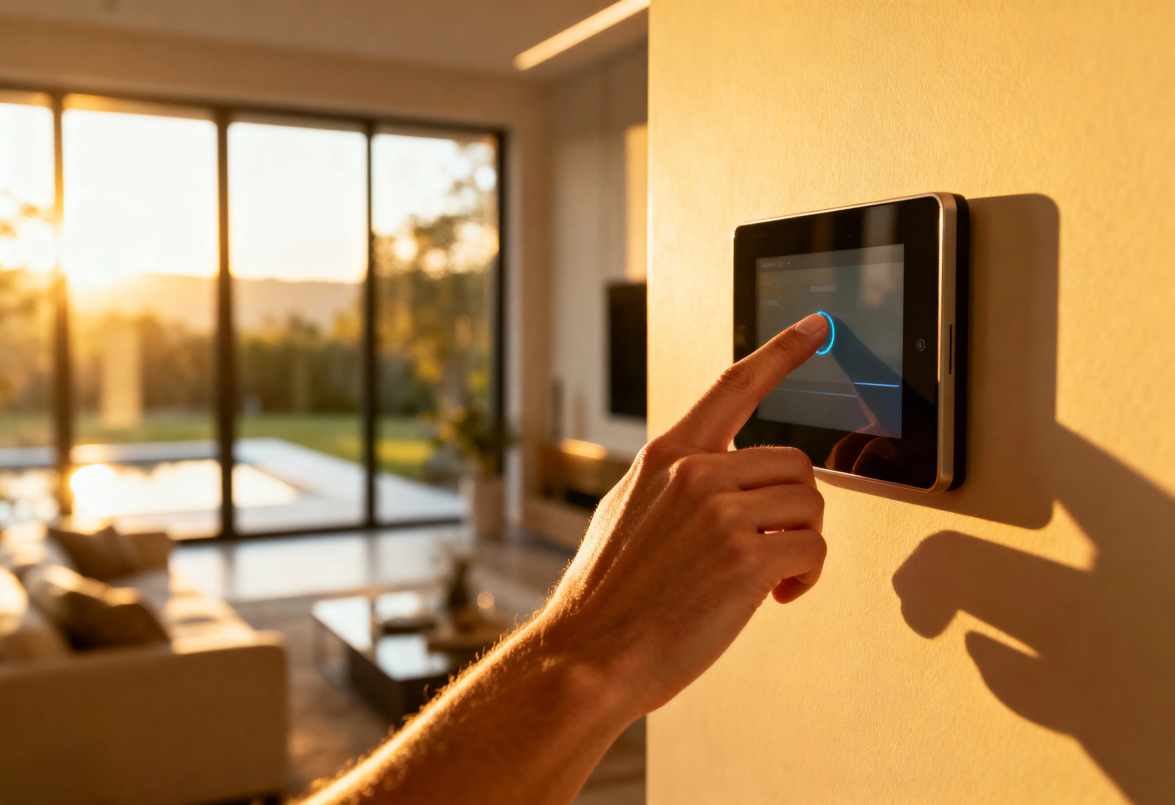 Man adjusting a smart home energy control panel in a modern living room.