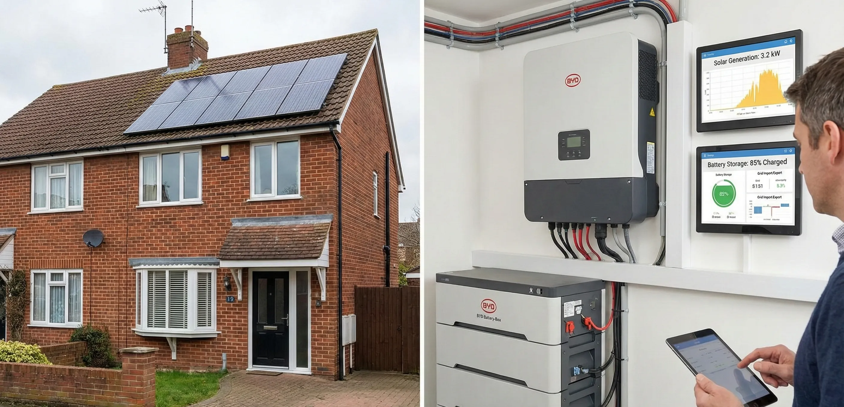 Side-by-side view of a home with rooftop solar panels and an indoor battery system with monitoring screens, showing energy and battery monitoring in a solar setup.