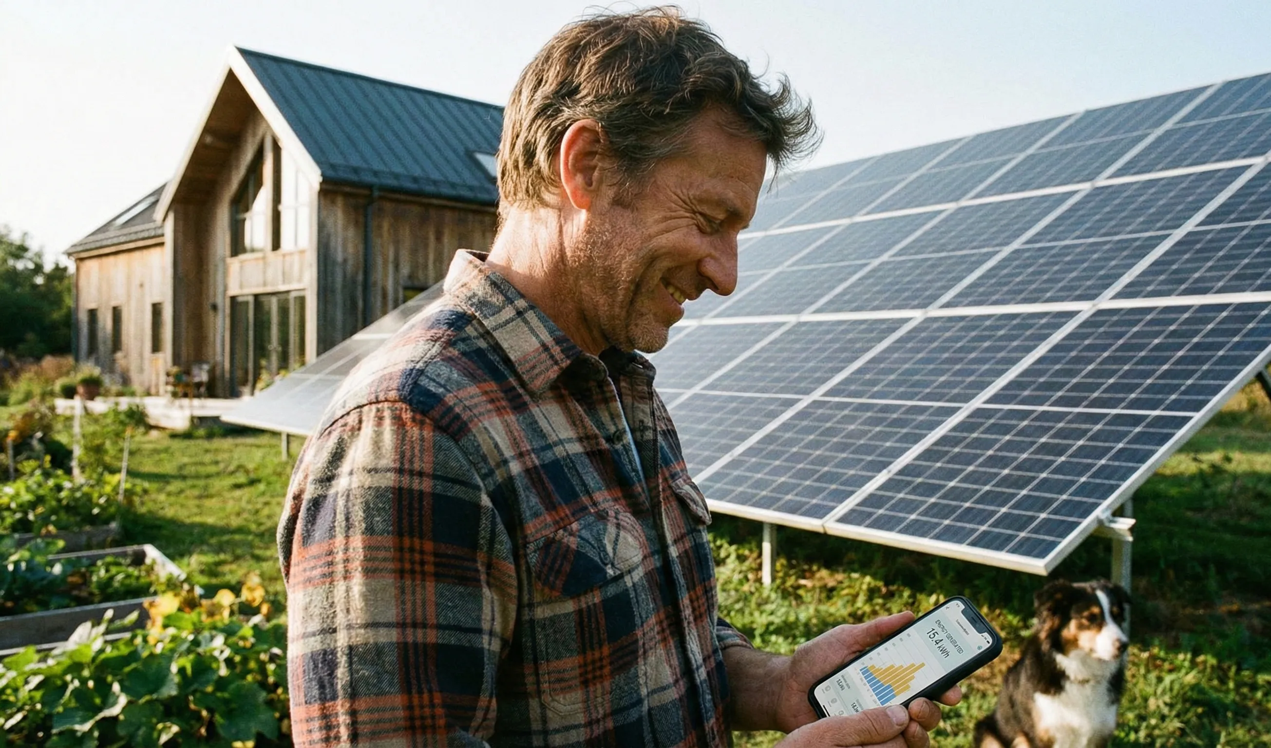 Homeowner checking solar monitoring data on a smartphone while standing near rooftop solar panels.