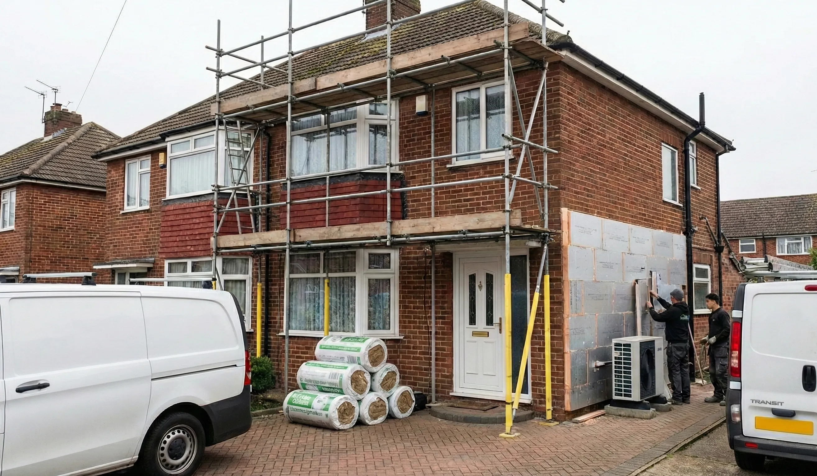 House undergoing external energy efficiency upgrades with scaffolding and insulation materials, illustrating preparation for home energy improvements.
