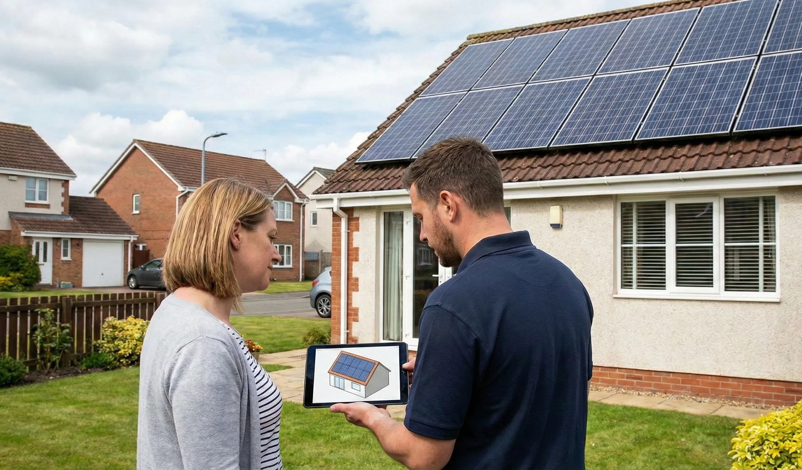 Homeowner discussing a rooftop solar panel layout with an installer using a tablet outside a house fitted with solar panels.