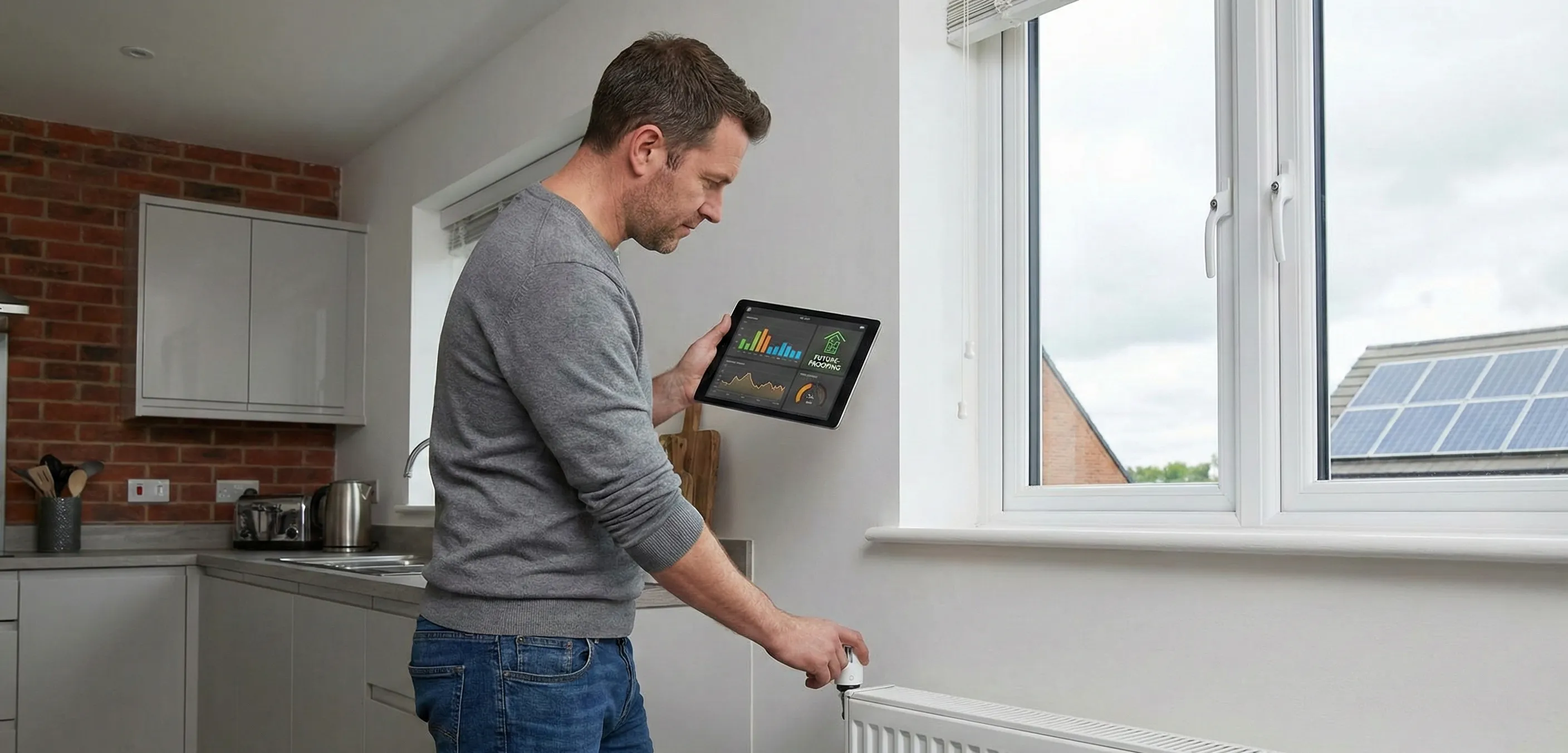 Homeowner adjusting a radiator while viewing home energy data on a tablet, with rooftop solar panels visible through a window.