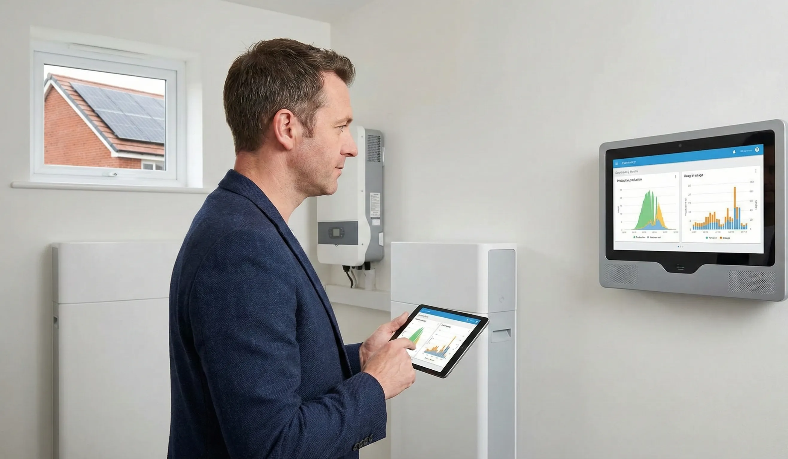 Homeowner viewing solar monitoring charts on a wall display and tablet, showing how production and energy usage can be tracked at home.