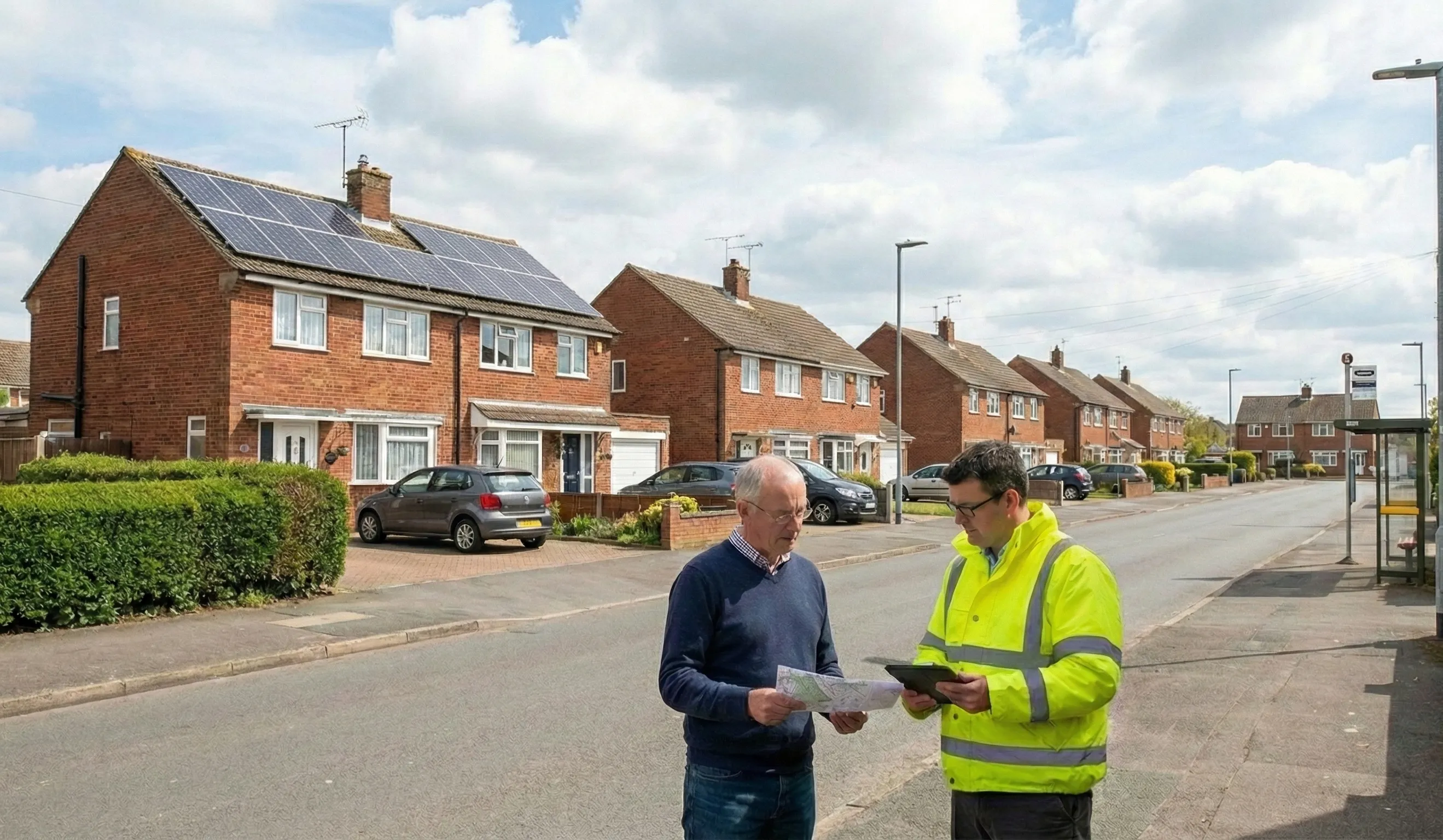 Wiltshire homeowner speaking with a solar installer on a residential street with rooftop solar panels visible on nearby houses.
