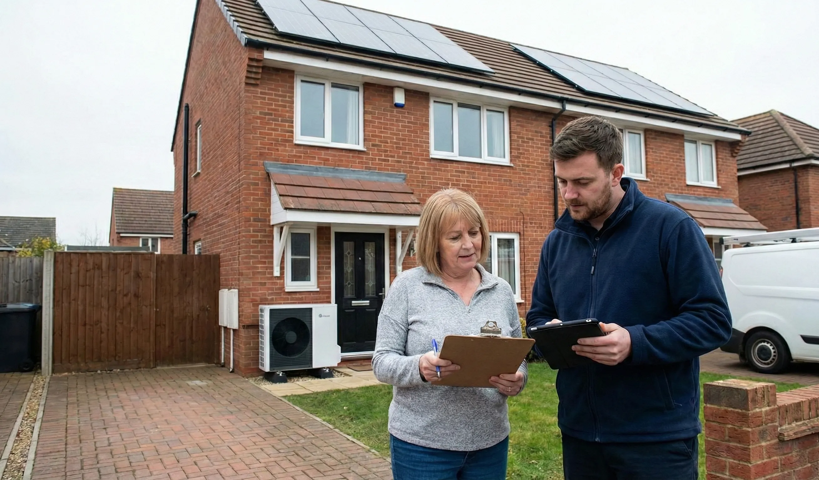 Homeowner reviewing paperwork with an energy assessor outside a UK home fitted with rooftop solar panels and a heat pump.
