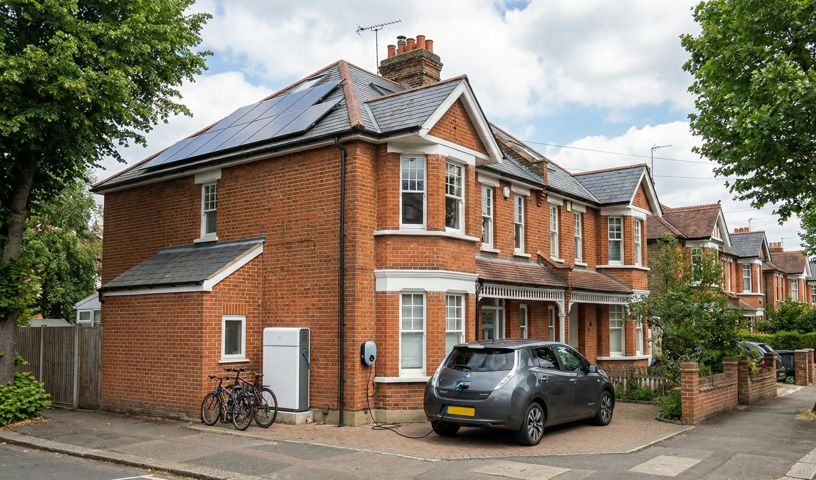 UK home with rooftop solar panels, a home battery system, and an electric vehicle charger, illustrating features often associated with near zero-bill homes.