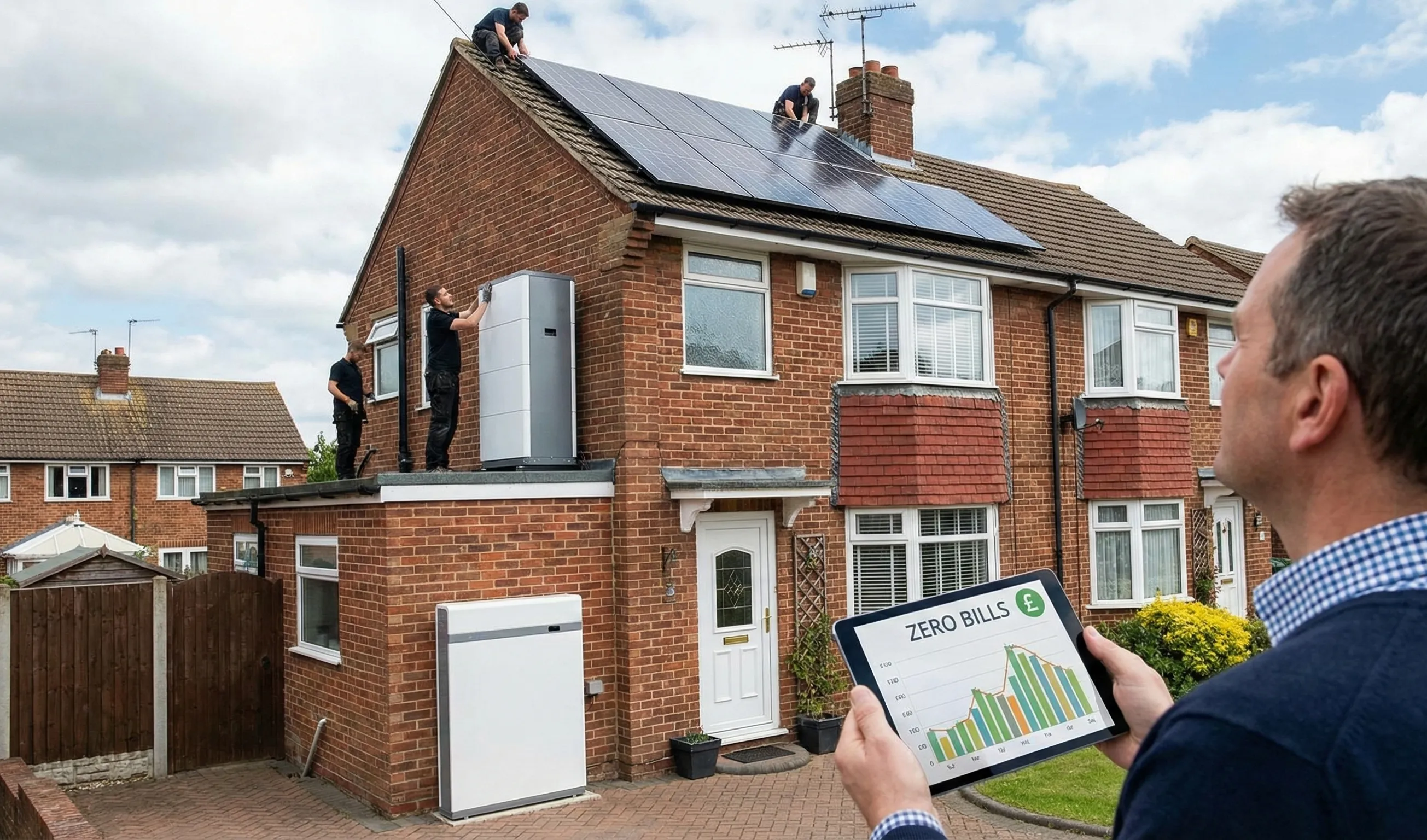 Home with rooftop solar panels and battery storage being installed, while a homeowner reviews projected energy costs on a tablet.