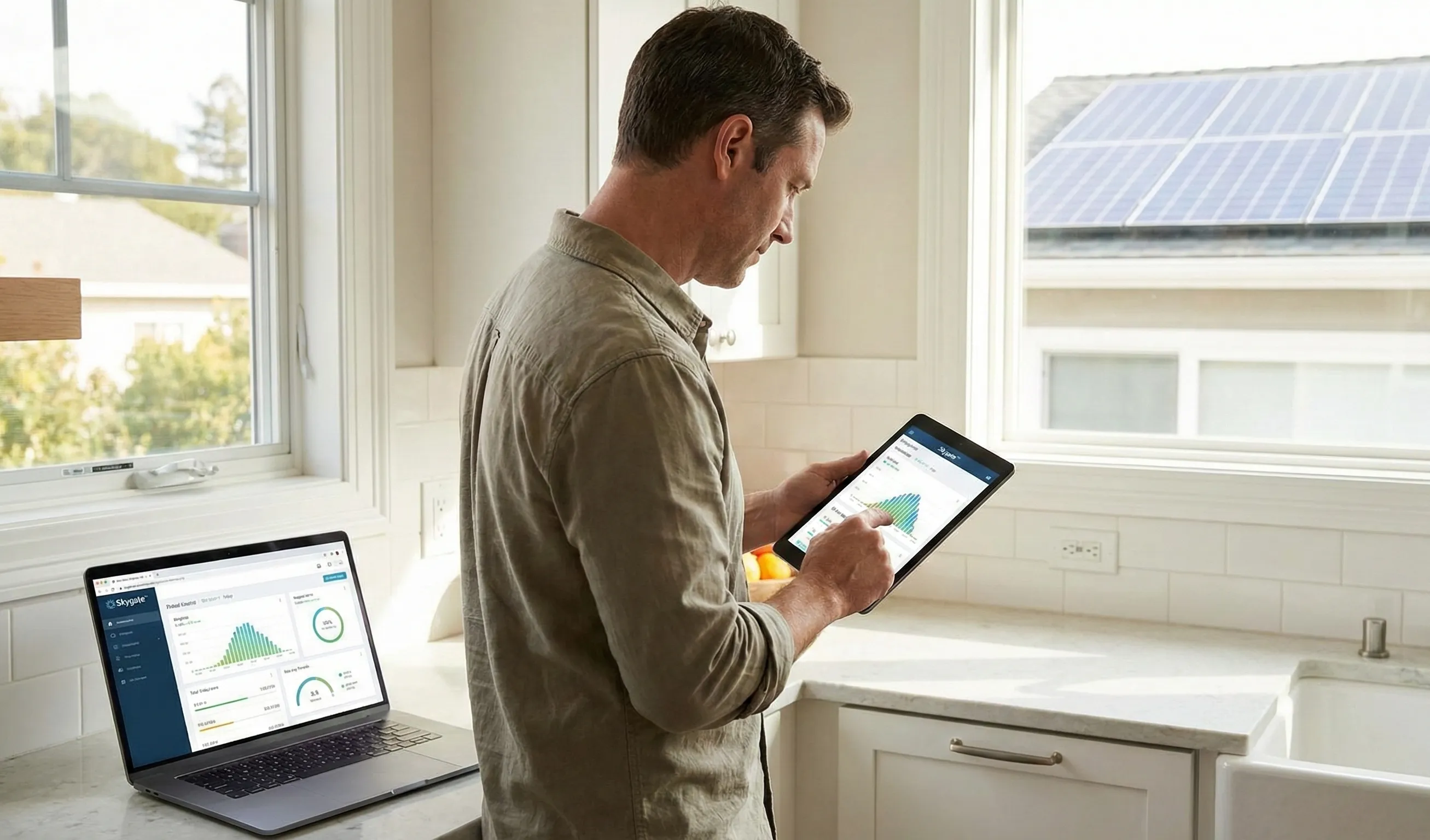 Homeowner reviewing solar production data on a tablet while rooftop panels are visible outside.