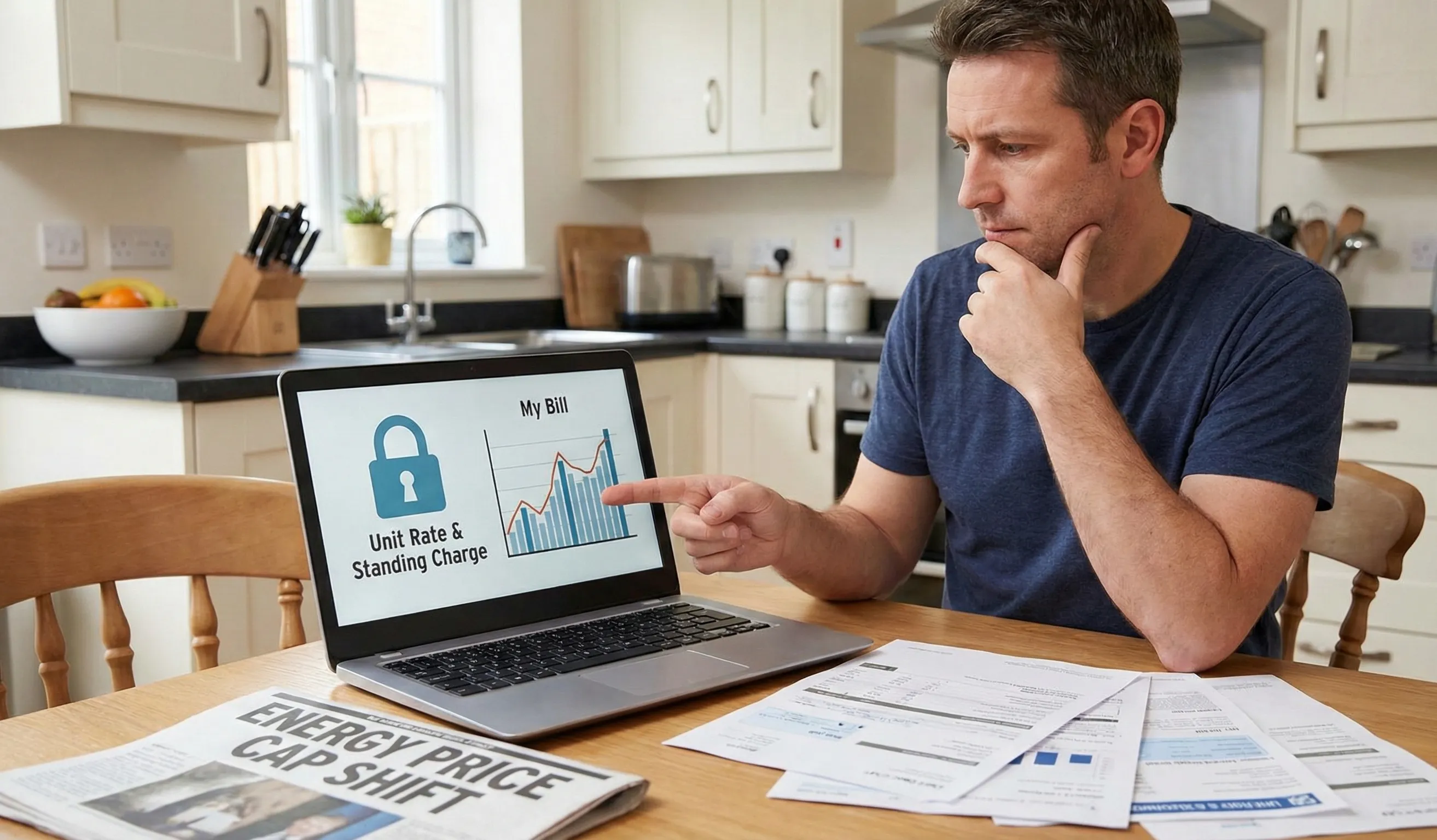 UK homeowner analysing electricity bill affected by the UK energy price cap.