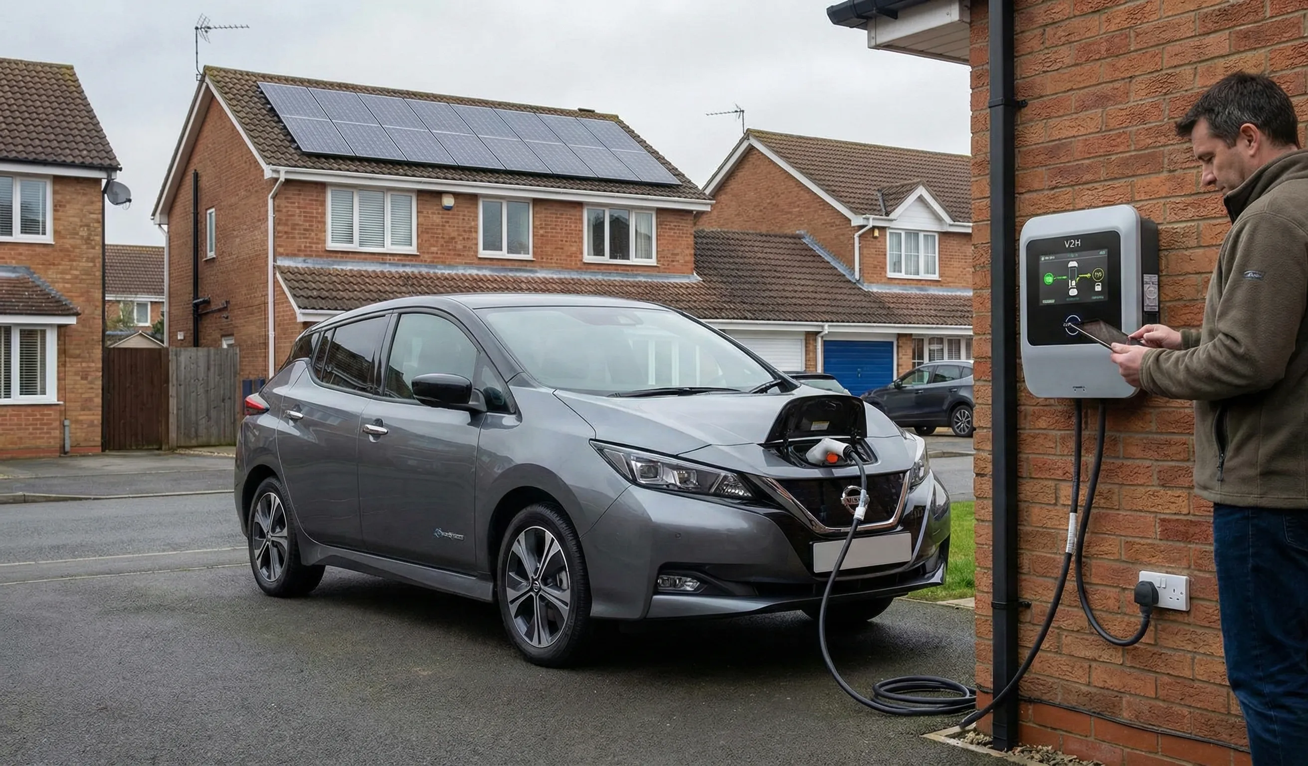 Homeowner plugging an electric car into a wall-mounted bidirectional charger beside a suburban house with rooftop solar panels.