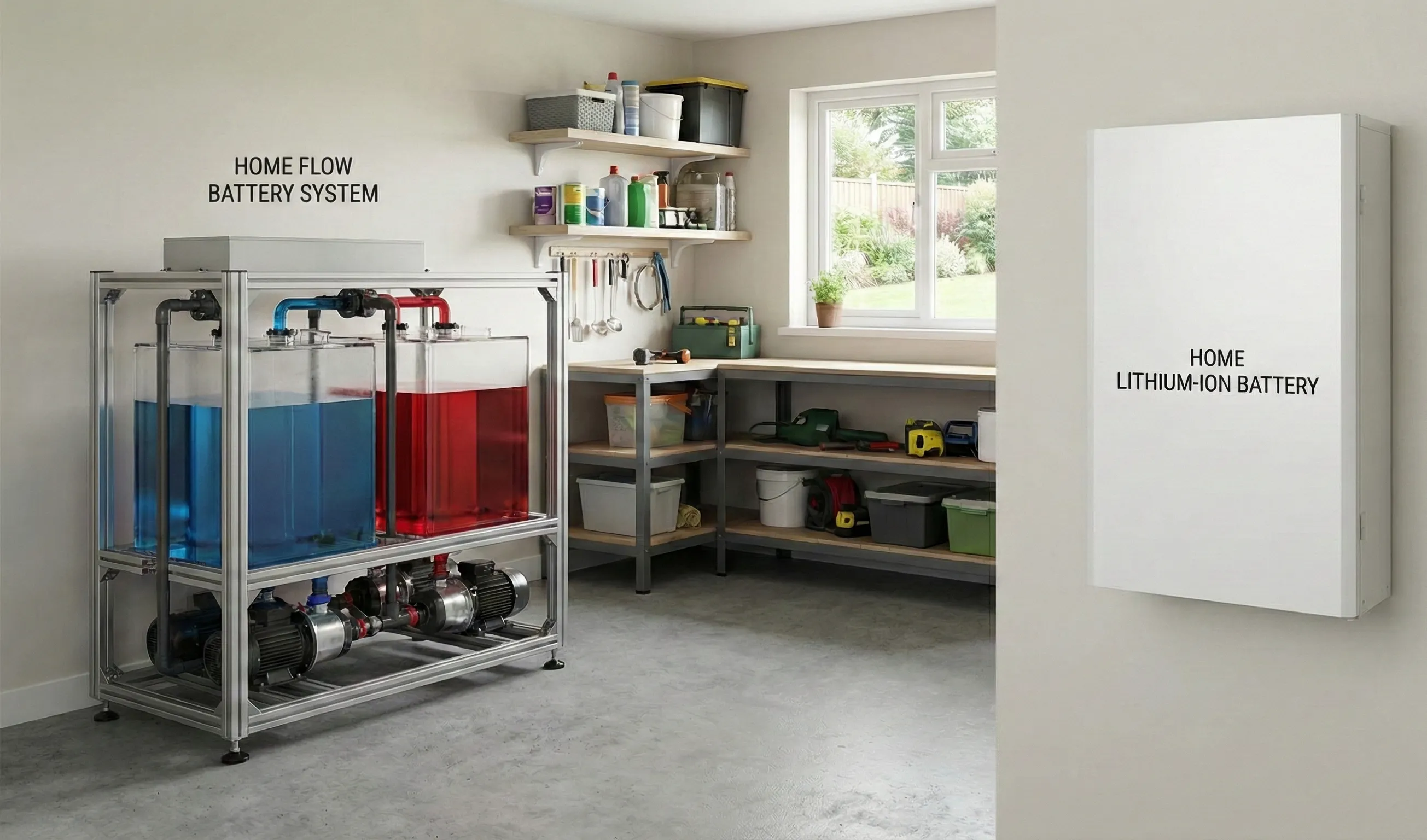 Comparison setup showing a large home flow battery system with blue and red electrolyte tanks next to a wall-mounted home lithium-ion battery in a garage-style utility space.