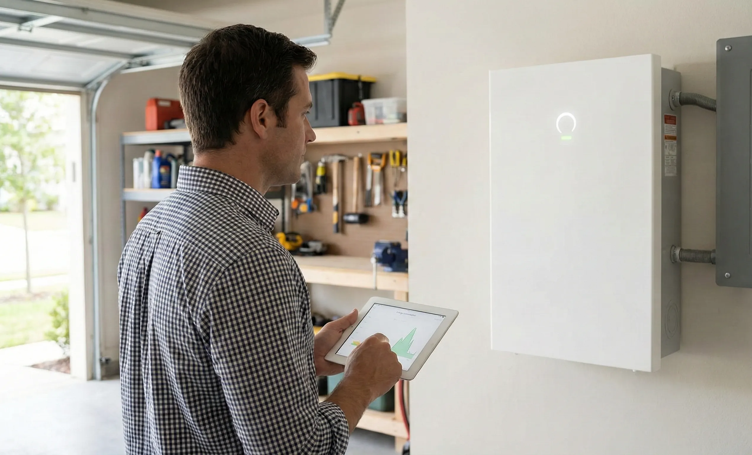 Home battery installed in a garage with a homeowner reviewing live energy data on a tablet, representing the next generation of smart residential energy storage.