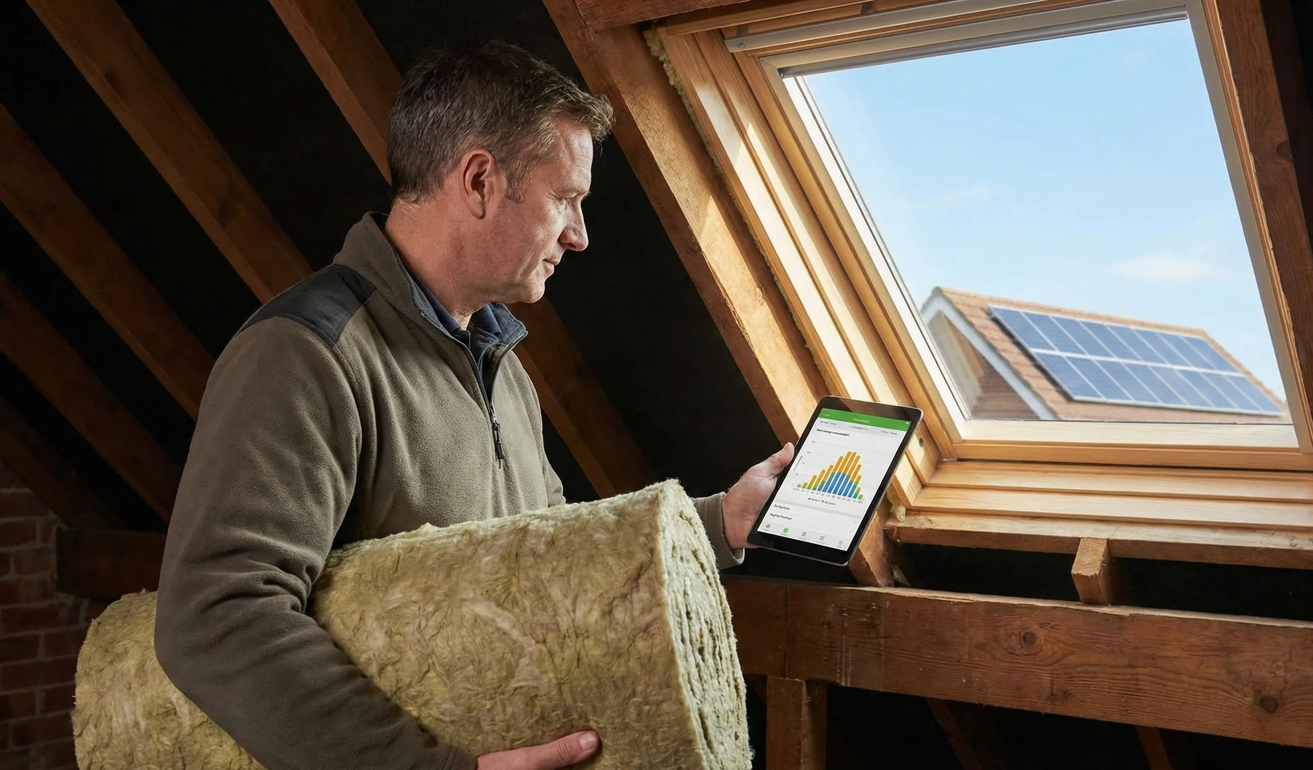 Homeowner holding insulation material while reviewing solar energy data on a tablet, with rooftop solar panels visible through a window.