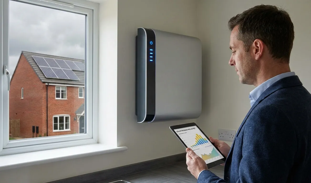 Homeowner viewing solar performance data on a tablet next to a wall-mounted battery with rooftop solar visible through the window.