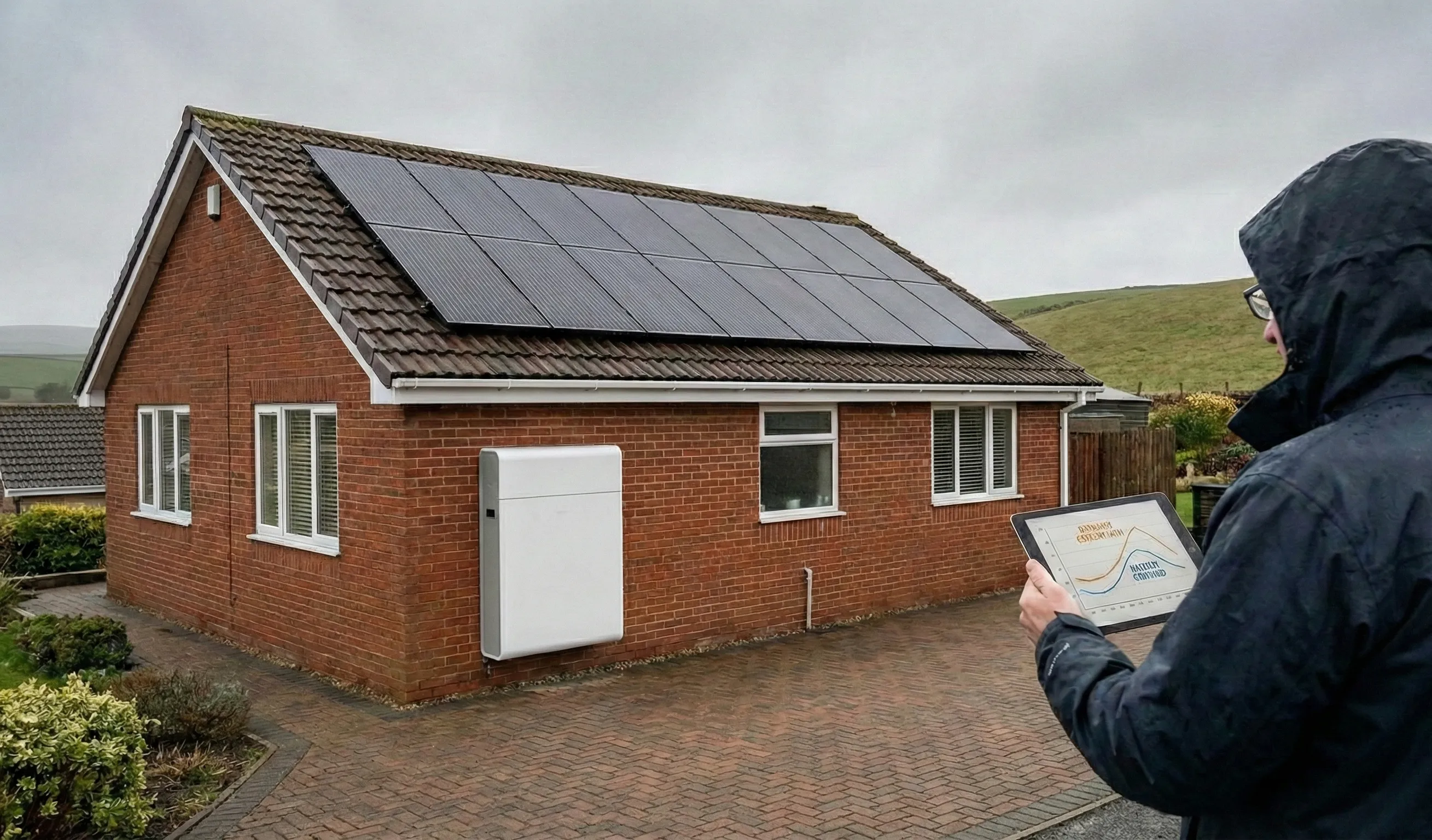 Solar-equipped UK home with a large wall-mounted battery and a homeowner checking energy data on a tablet in wet weather.