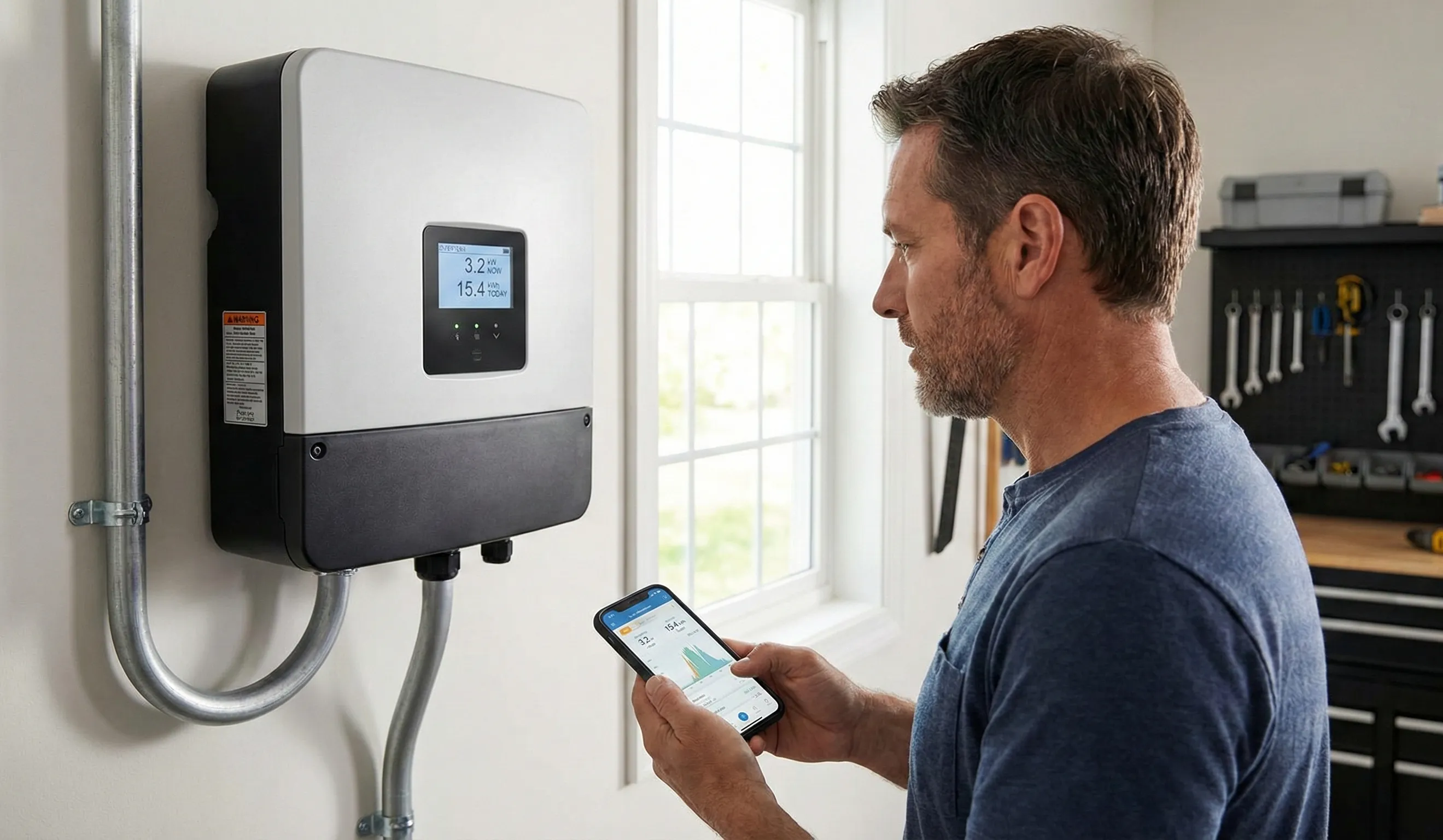Homeowner monitoring solar inverter performance and real-time energy production data.