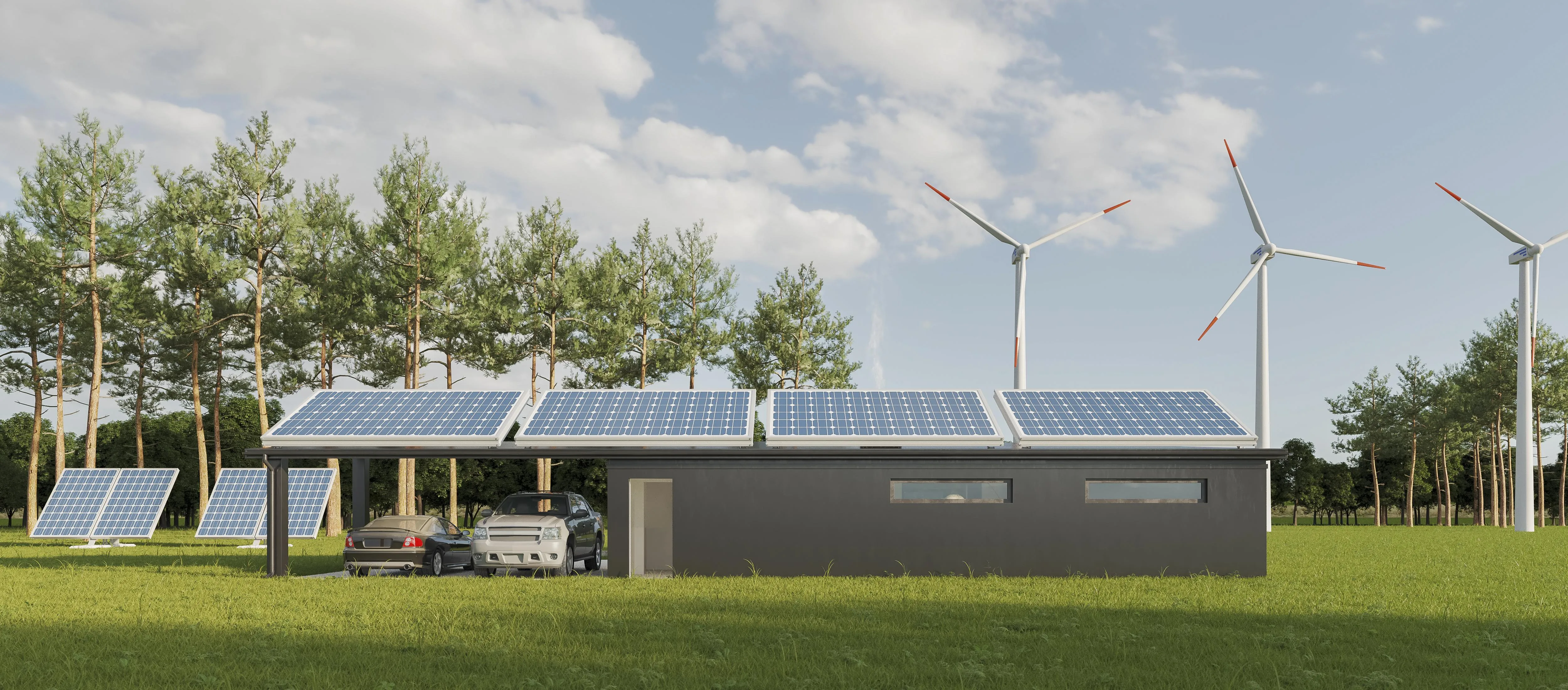 Home powered by solar panels with renewable energy infrastructure, highlighting systems that support energy storage and independence.