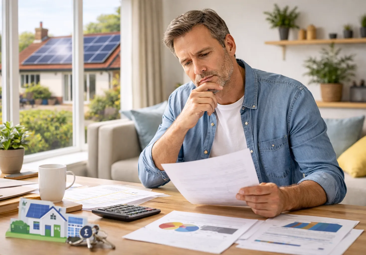 UK homeowner reviewing solar financing options at home with rooftop solar panels visible outside, illustrating leasing and loan alternatives to buying solar outright.