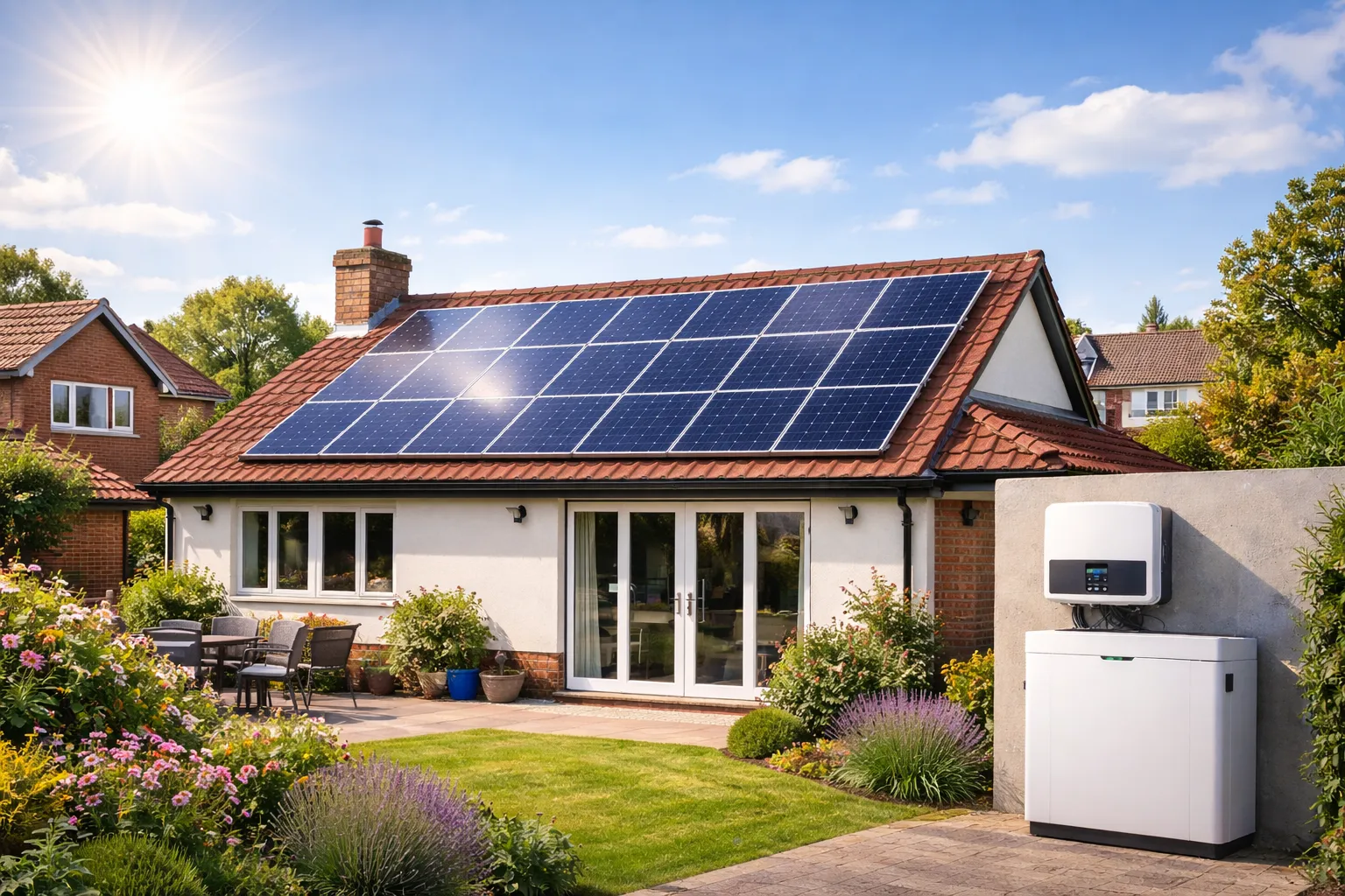UK bungalow with rooftop solar panels and home battery system installed, illustrating how single-storey homes can support larger residential solar setups.