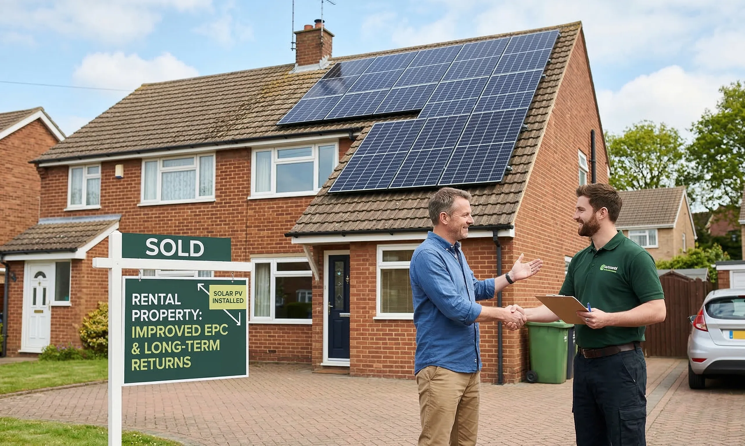 Landlord shaking hands with a solar installer outside a UK rental house with rooftop solar panels and a â€œsoldâ€ sign highlighting improved EPC and long-term returns.