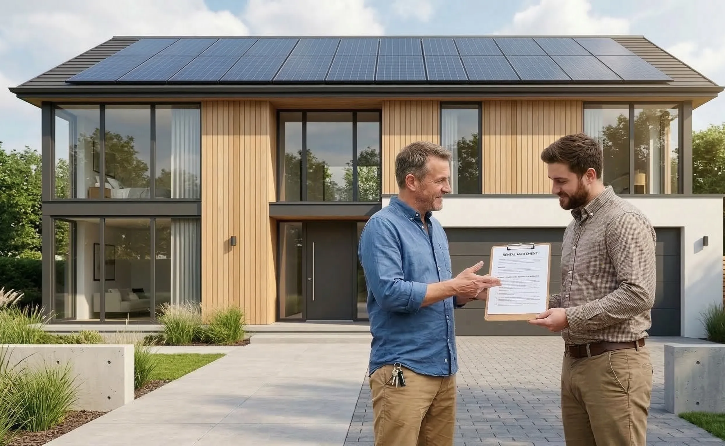 Tenant and landlord reviewing a document outside a modern home with rooftop solar panels, illustrating solar benefits in UK rental properties.