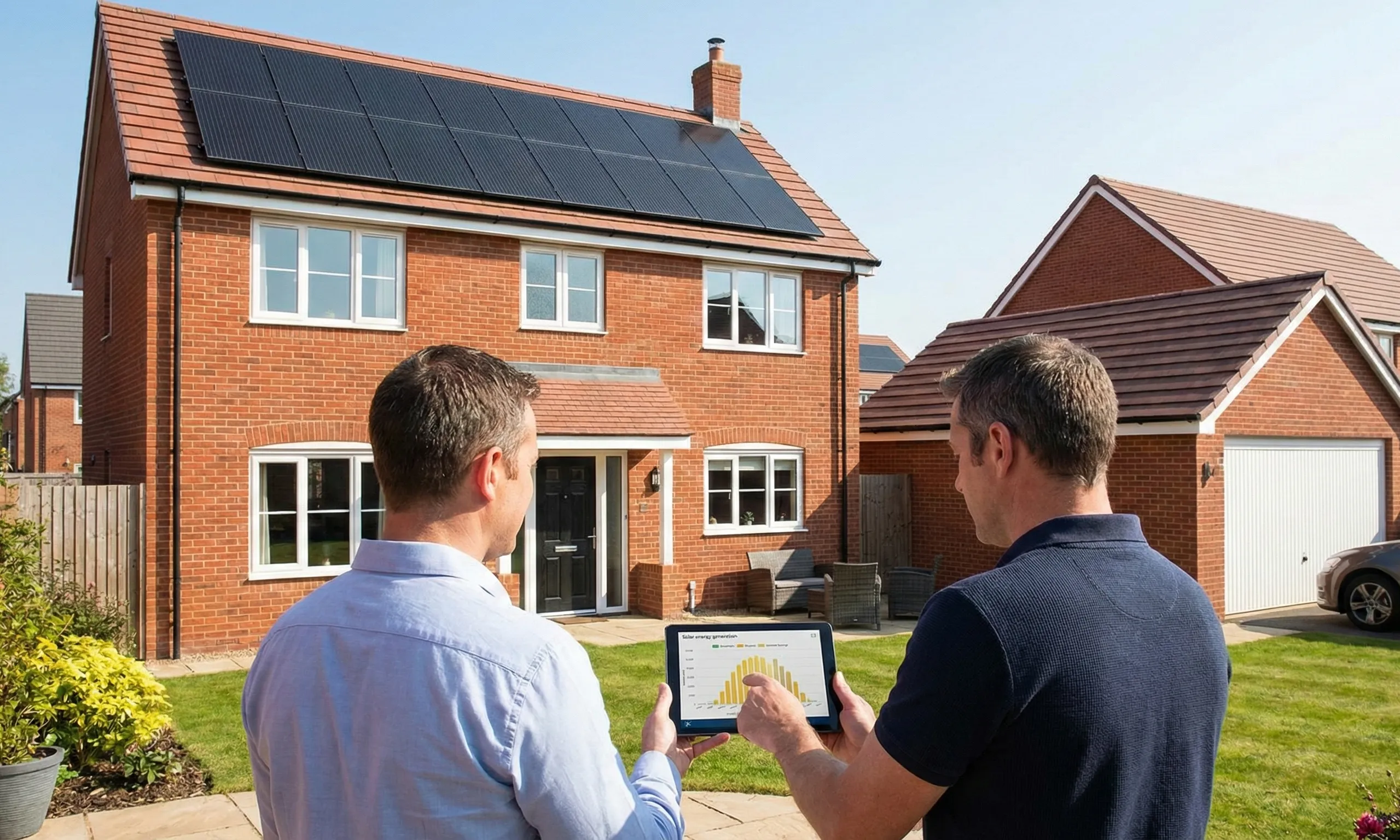 Detached UK home with rooftop solar panels as two homeowners review projected energy savings and system performance on a tablet outside the property.