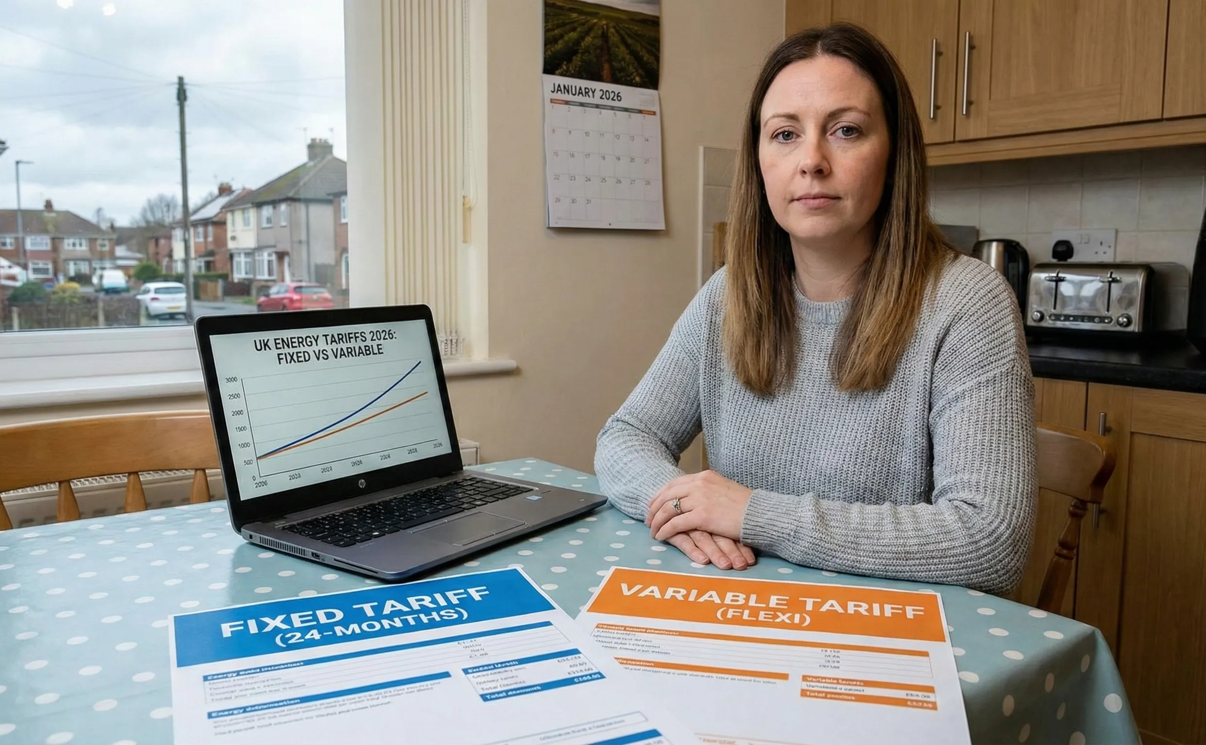 UK homeowner comparing fixed and variable energy tariff options at home, reviewing projected 2026 electricity costs and price cap impact on household bills.