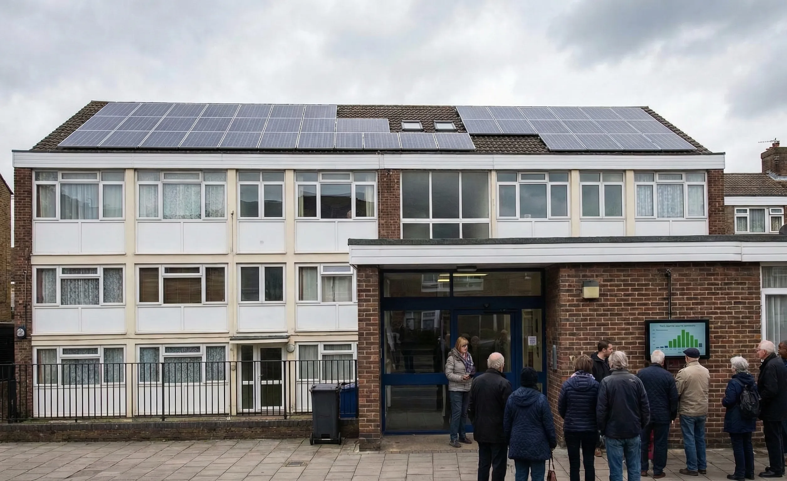 UK apartment building with rooftop solar panels installed as residents review shared solar generation data for a communal energy system.