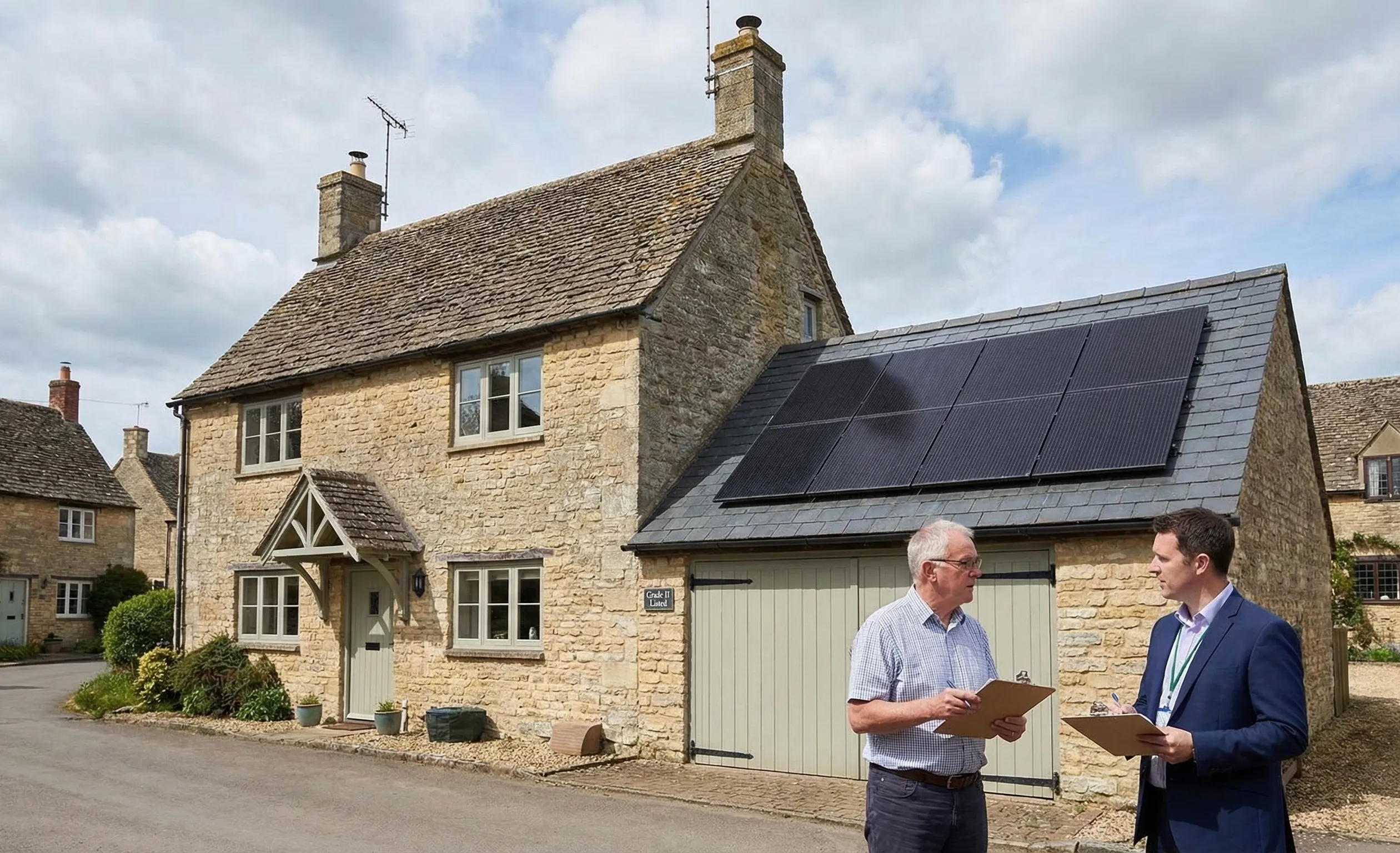 Solar panels installed on a stone listed home in the UK as a homeowner and assessor review planning and installation considerations for heritage properties.