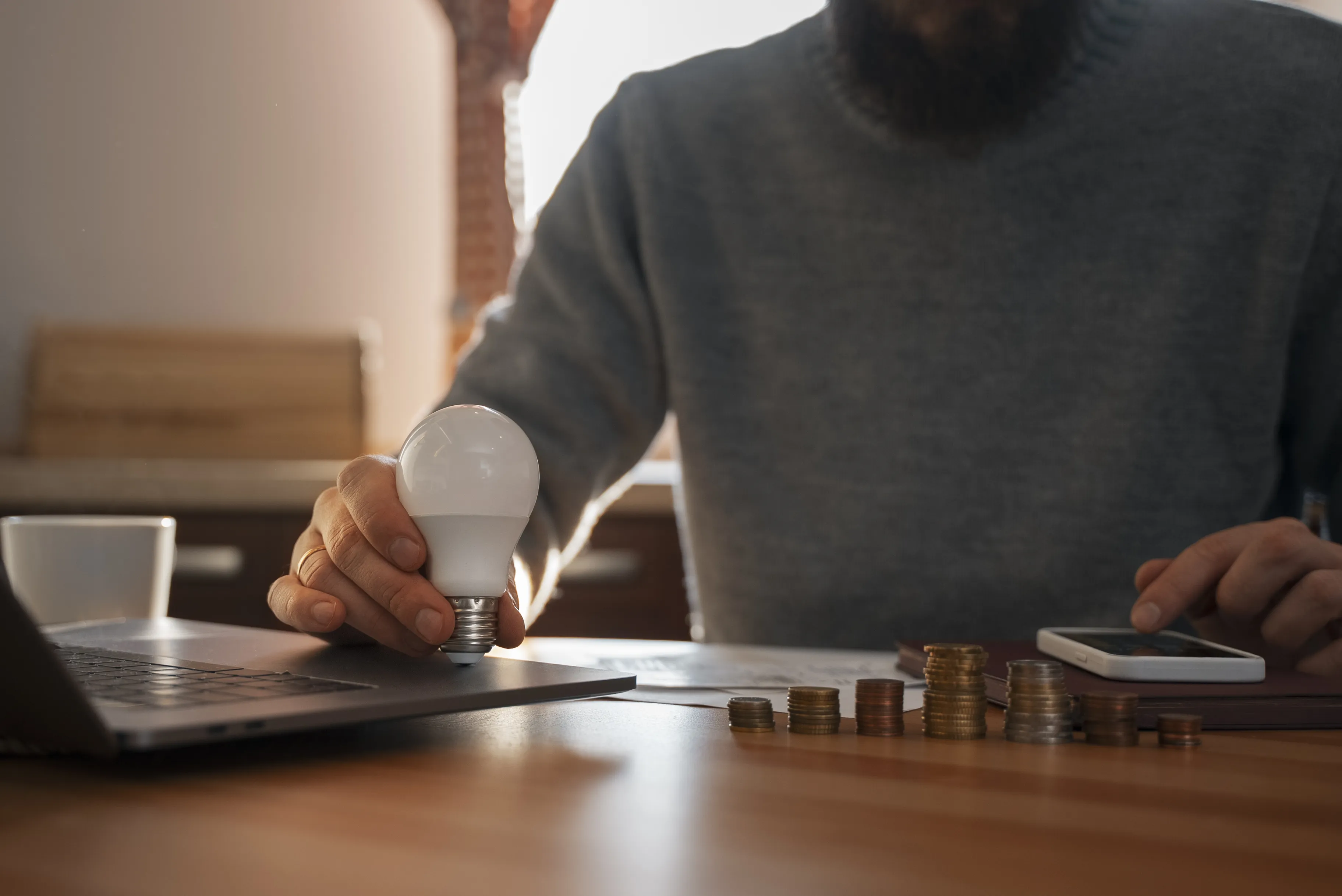 Homeowner researching time-of-use energy tariffs on a laptop, holding an LED bulb with coins on the table to represent reducing electricity bills.
