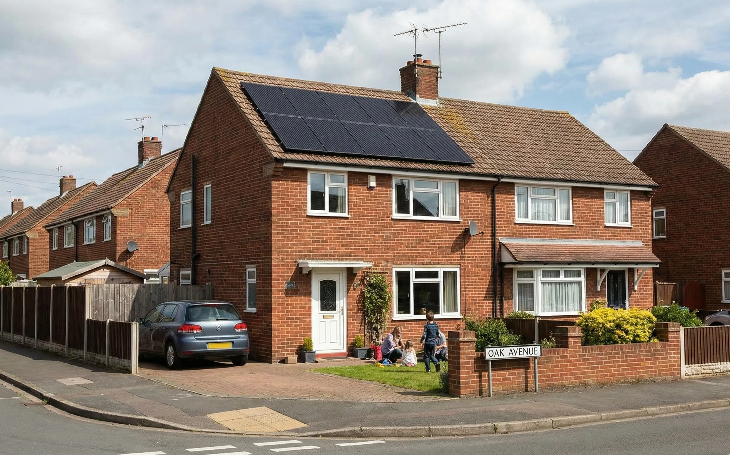 UK semi-detached home with rooftop solar panels installed, showing typical residential system suitability and roof layout for domestic solar adoption.