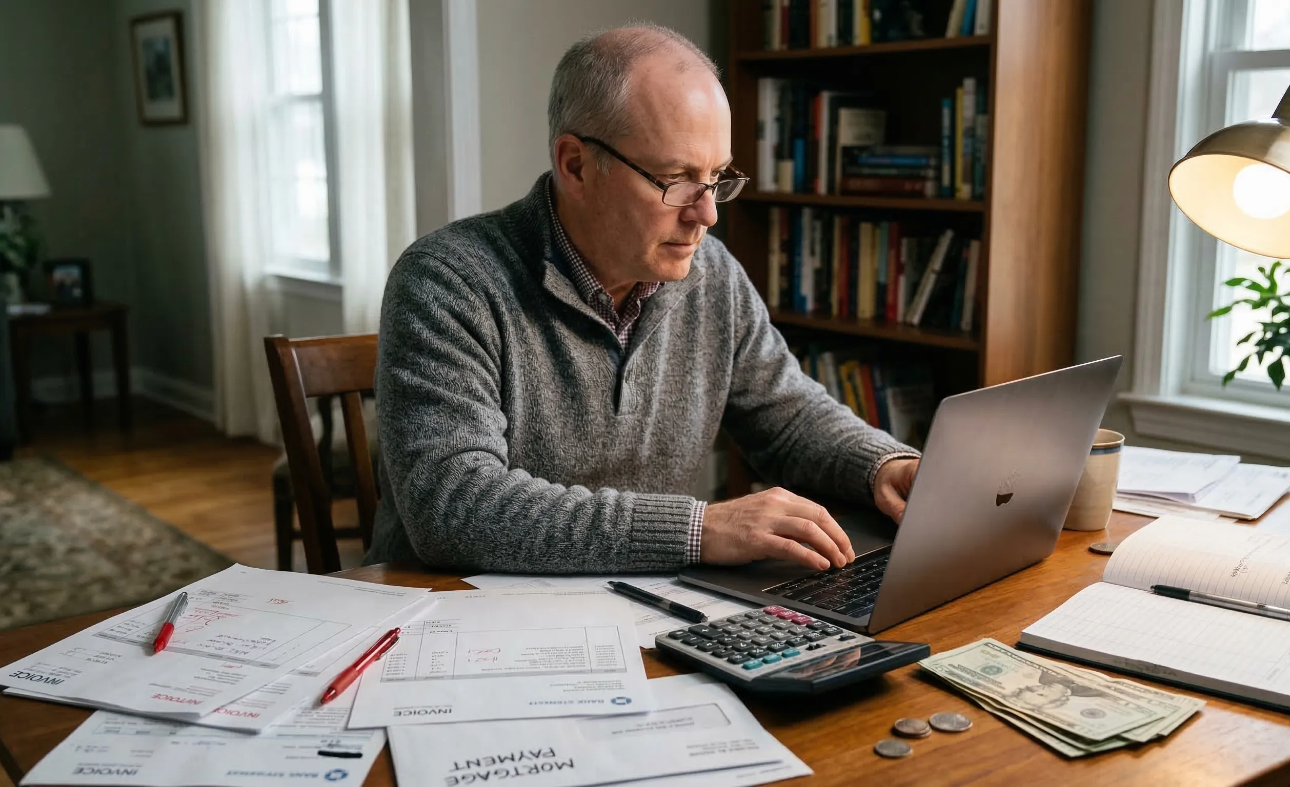 Man reviewing bills and using a laptop at a desk with calculator and cash, representing financing or budgeting for solar panel installation in the UK.