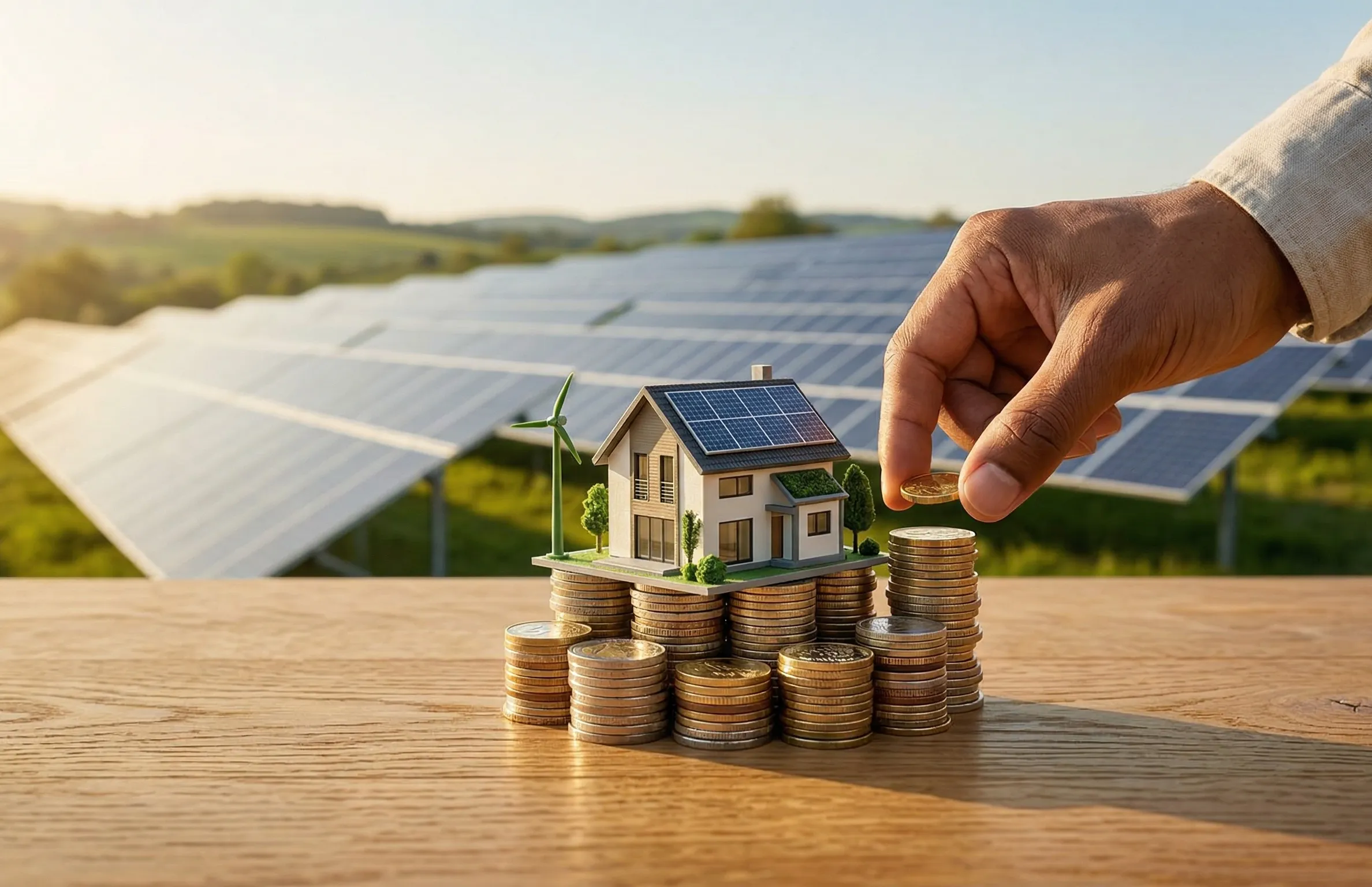 Model house on stacked coins with solar panels in the background, illustrating how UK homeowners earn money from exporting excess solar energy through SEG tariffs.