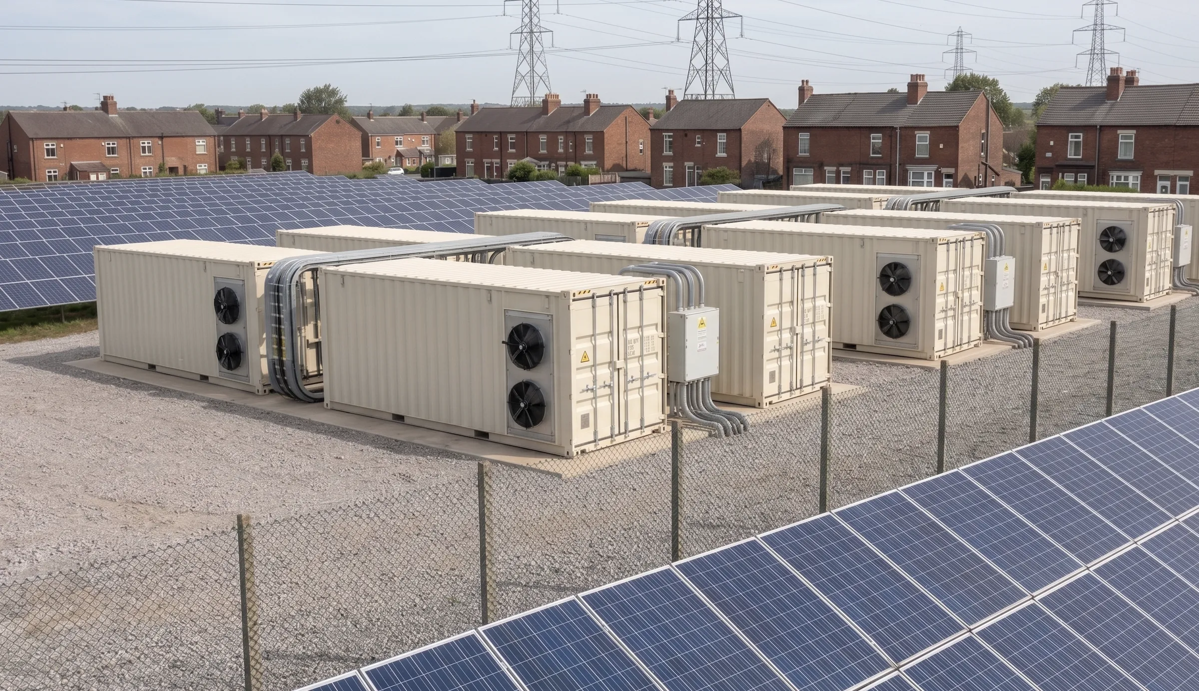 Large battery storage containers beside a solar farm, illustrating energy storage capacity, battery specifications, and scalable solar battery system performance.