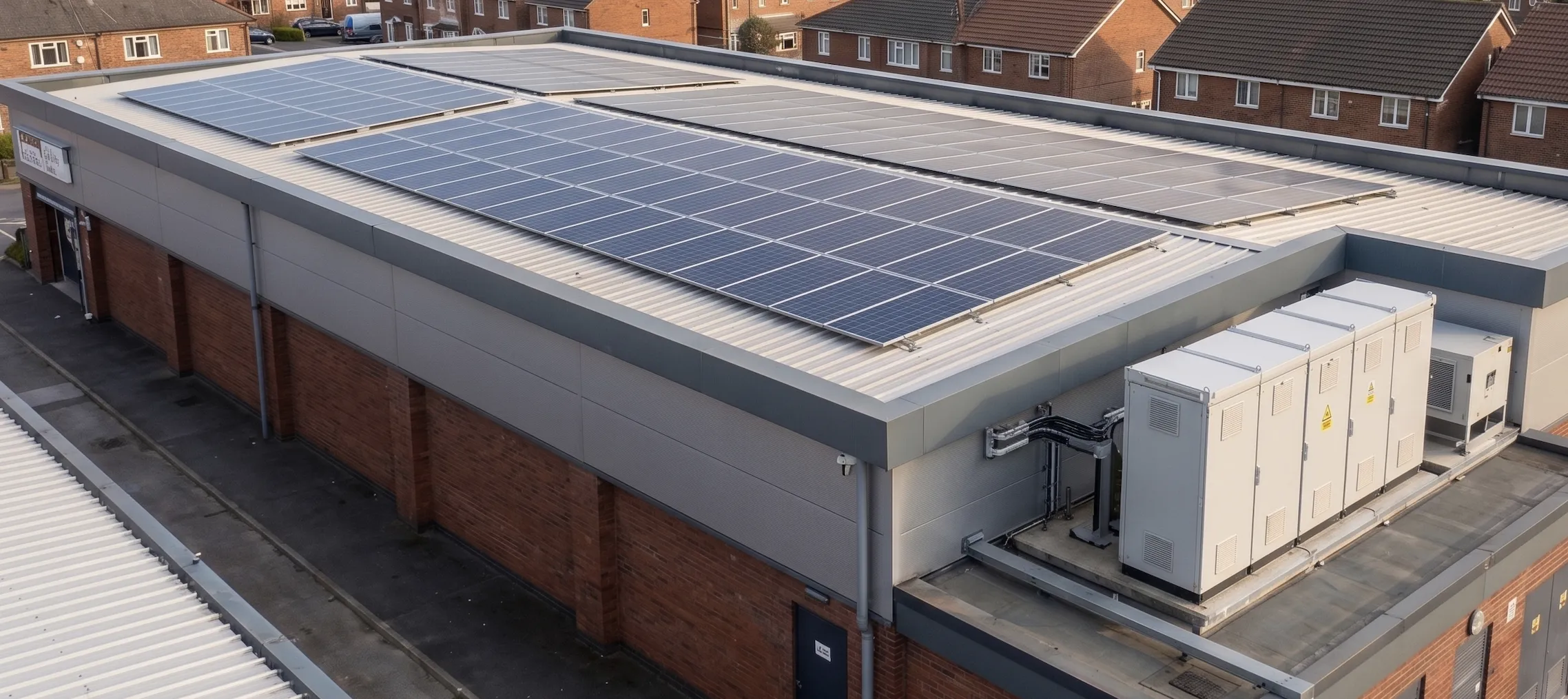 Commercial building with rooftop solar panels and external battery storage units, illustrating compliant battery installation, warranties, and UK energy storage standards.