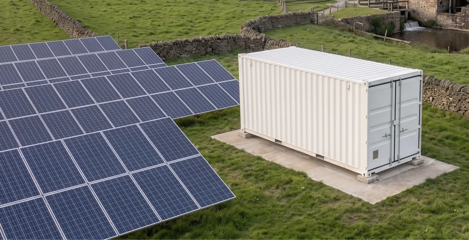 Solar panels beside a containerised battery storage unit, illustrating beginner-friendly home energy storage and simple battery system setup for first-time buyers.