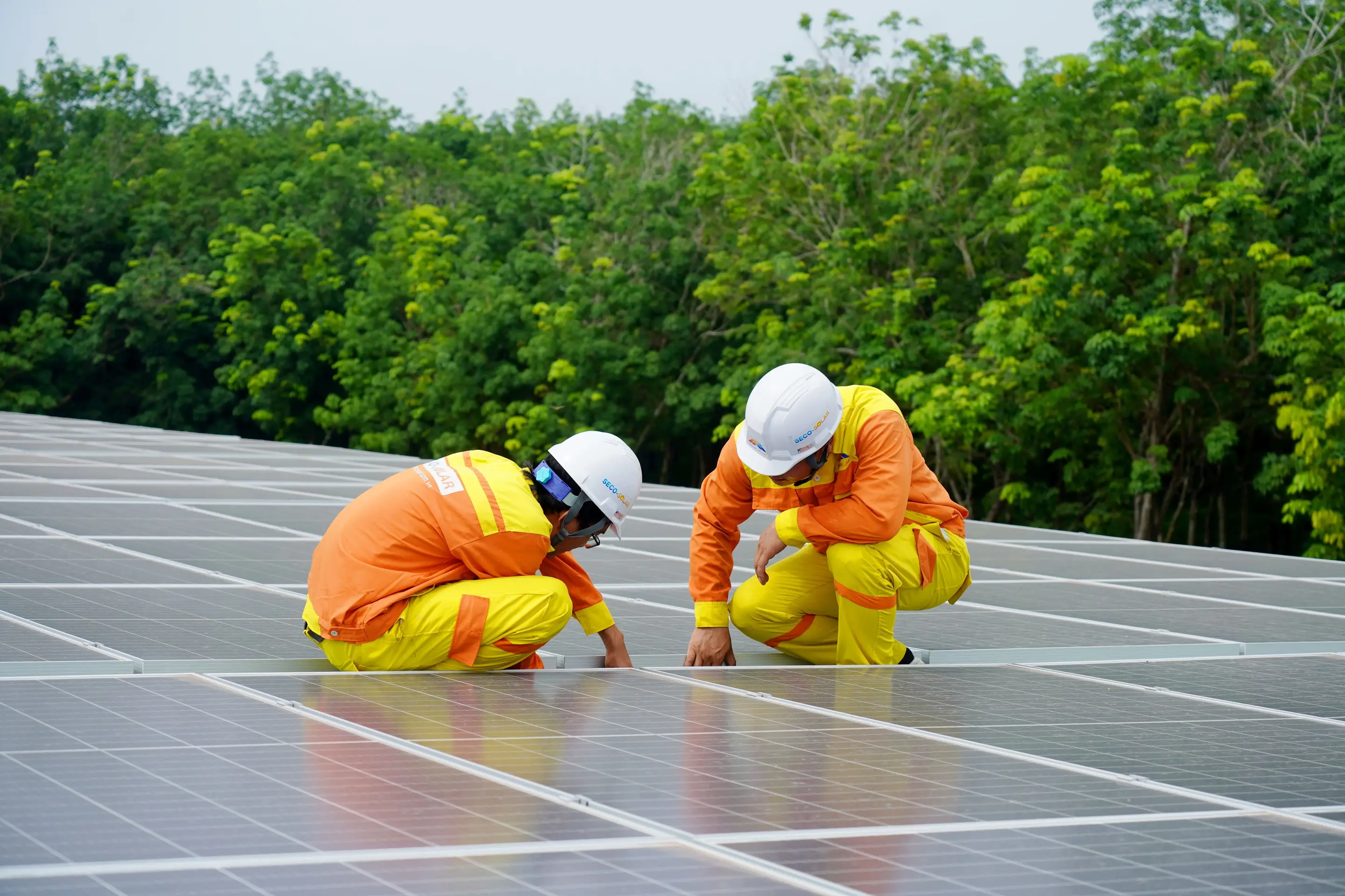 Solar technicians inspecting and troubleshooting a solar panel array in the field. The image shows professional assessment of panel performance and system condition, making it a strong visual fit for an article about when homeowners should stop troubleshooting themselves and contact a qualified installer. It conveys maintenance, fault diagnosis, safety compliance, and expert intervention—key themes when dealing with solar panel, battery, inverter, or heat pump issues that require professional attention.
